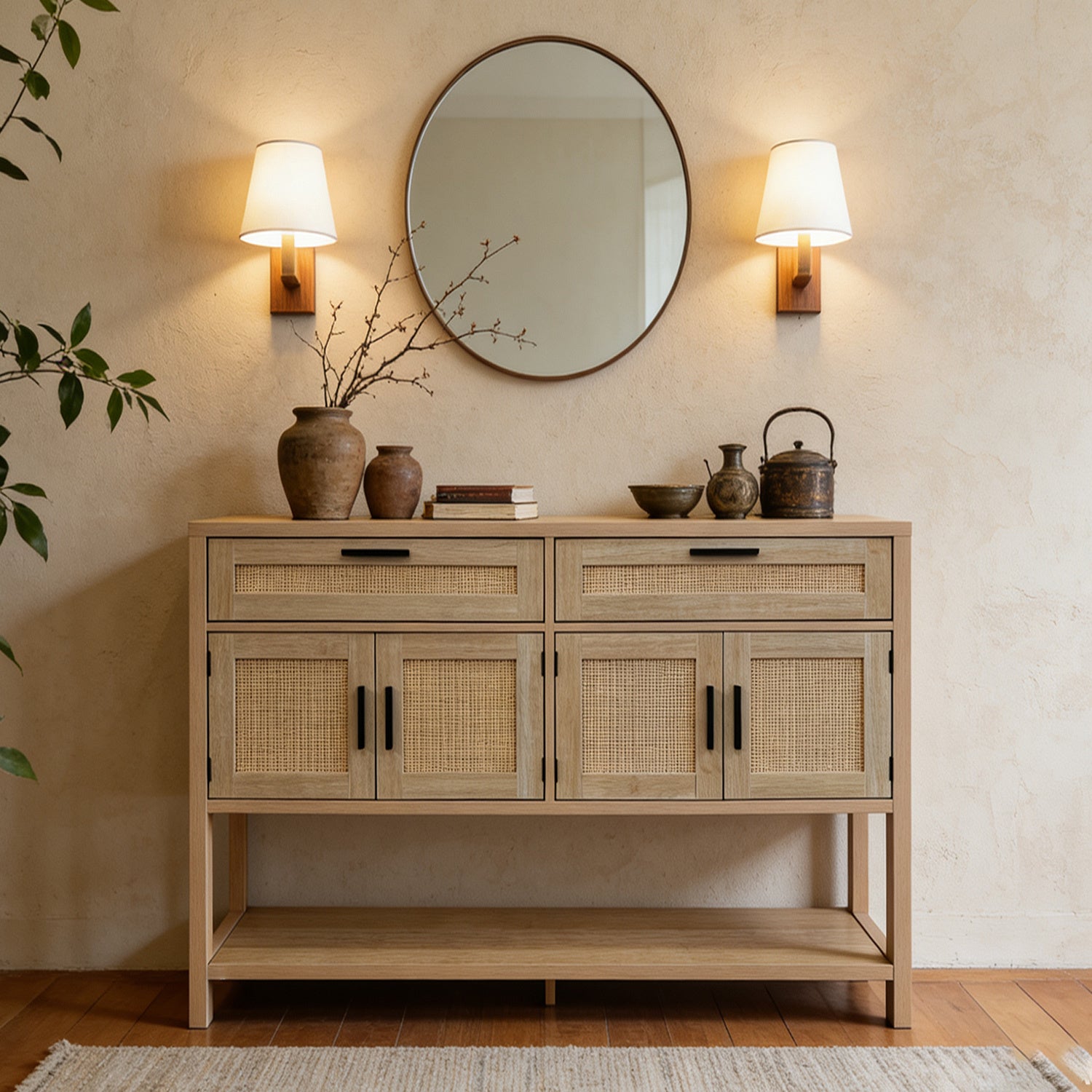 Chic Rattan Sideboard Buffet with Open Shelves And Drawers, Trendy Storage Cabinet Featuring Rattan Doors, Versatile Console Table And Coffee Station for Organizing Entryways, Kitchens, Dining Areas, Or Living Rooms