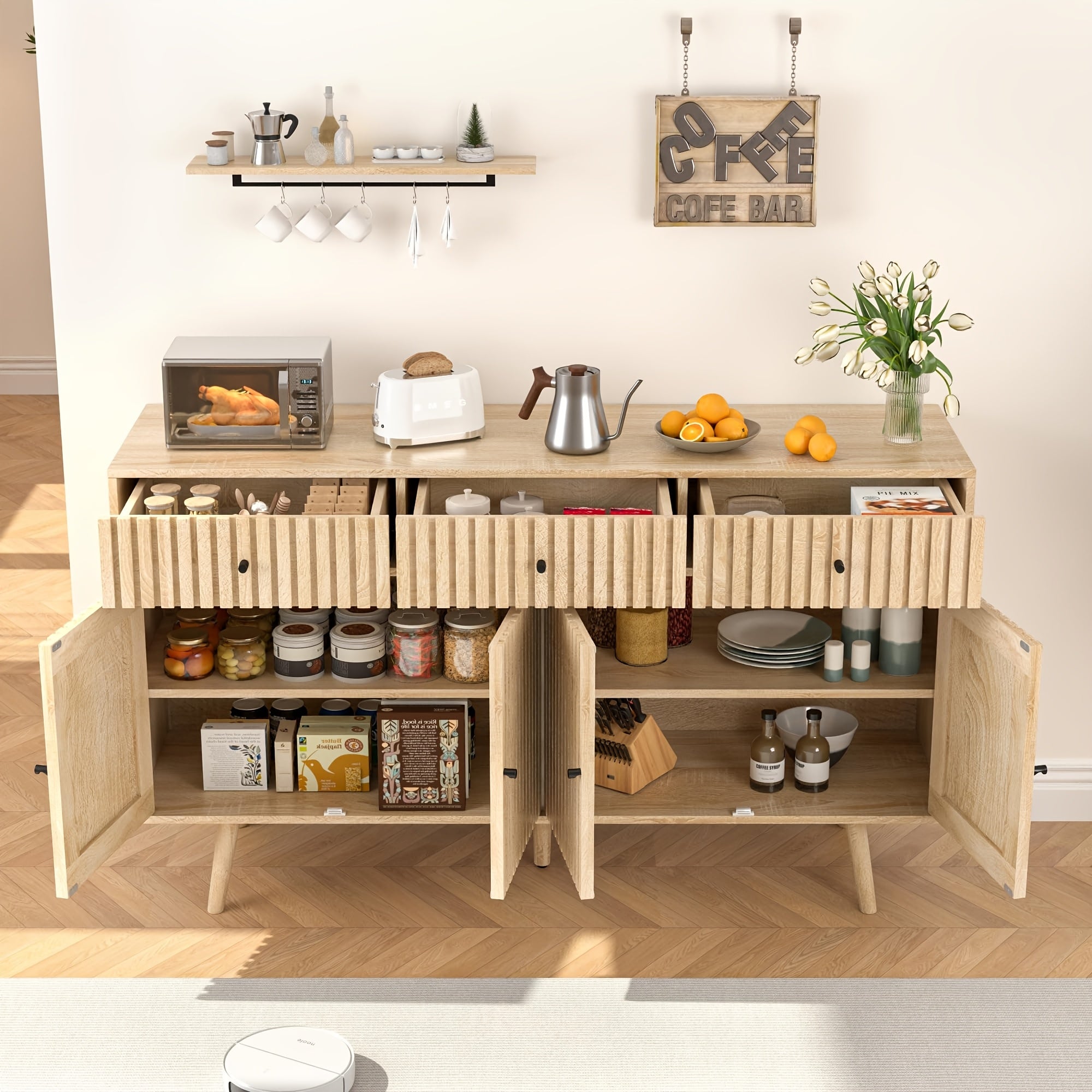 Modern Farmhouse Buffet Sideboard with Storage | 3 Drawers, 4 Doors, Shelf in Birch Wood End for Kitchen, Dining Room, Living Room, Entryway - JEJEGORICH