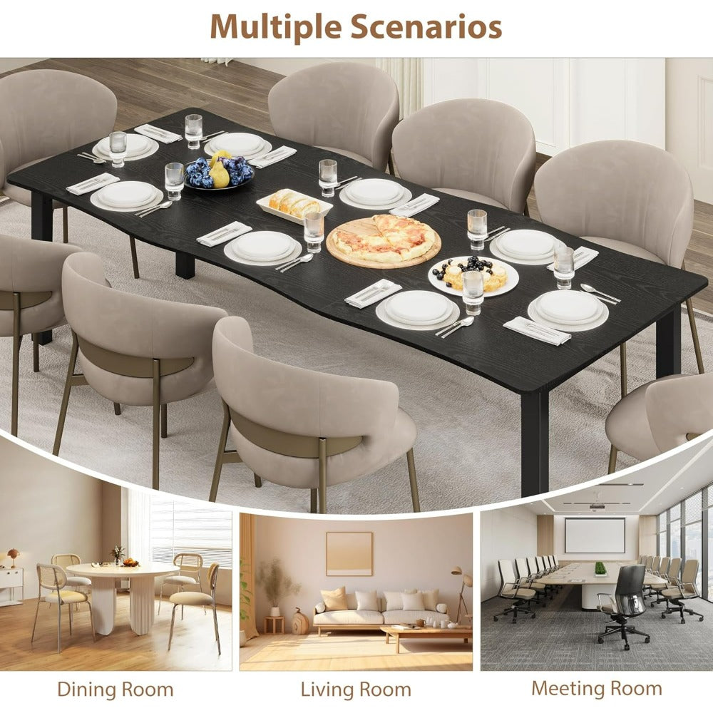 Dining Table for 6-8 People | Rustic Wave Irregular Edge Table with Thick MDF Top & Metal Frame, Waterproof Scratch-Resistant, Versatile for Dining\u002FWork\u002FStudy, Black - Towallmark