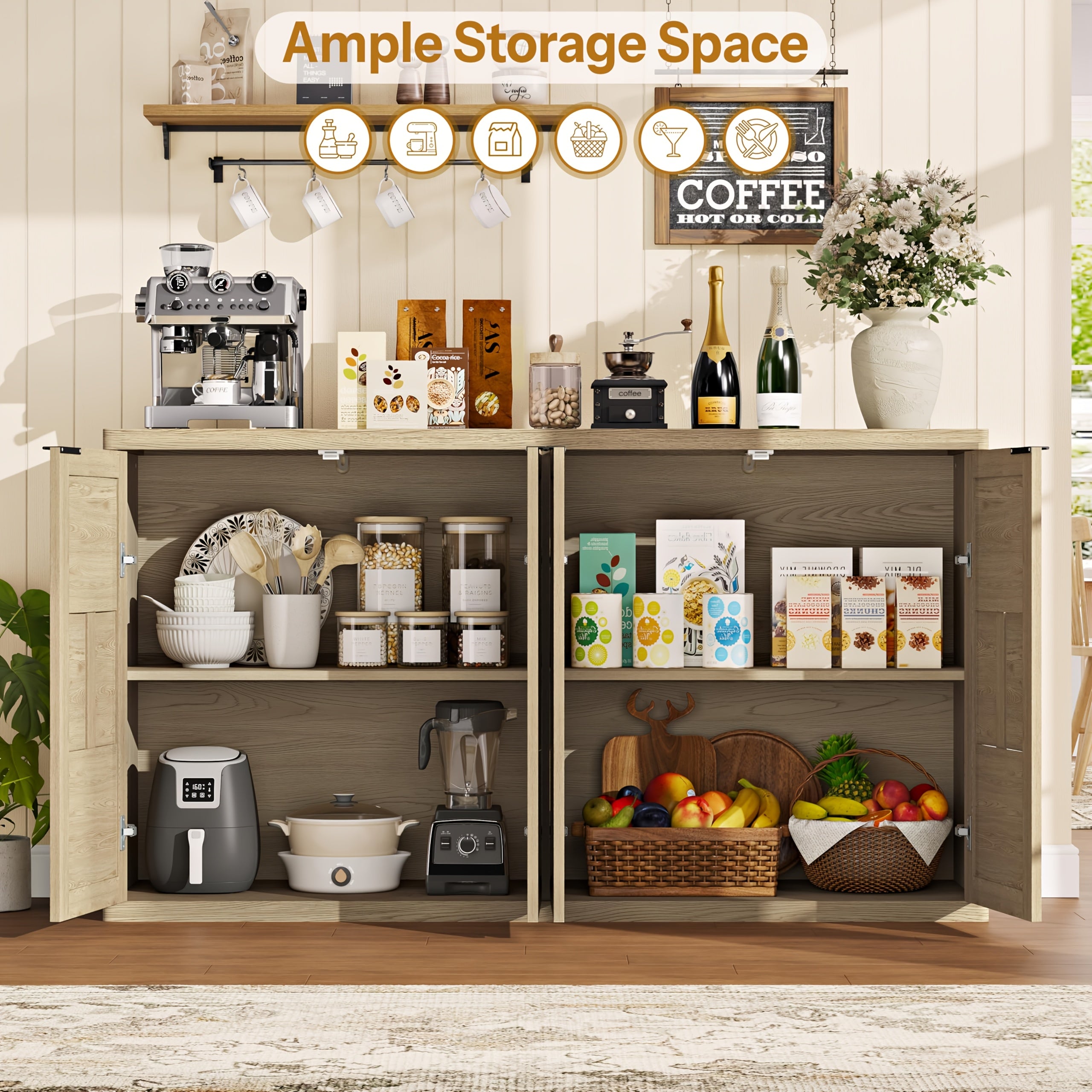 60-Inch Compact Side Cabinet Buffet, Equipped with 4 Intricately Designed Doors And Shelves, a Kitchen Storage Unit in Medieval Style, Offering Ample Storage Space on The Countertop, And Serving As a Coffee Bar Table