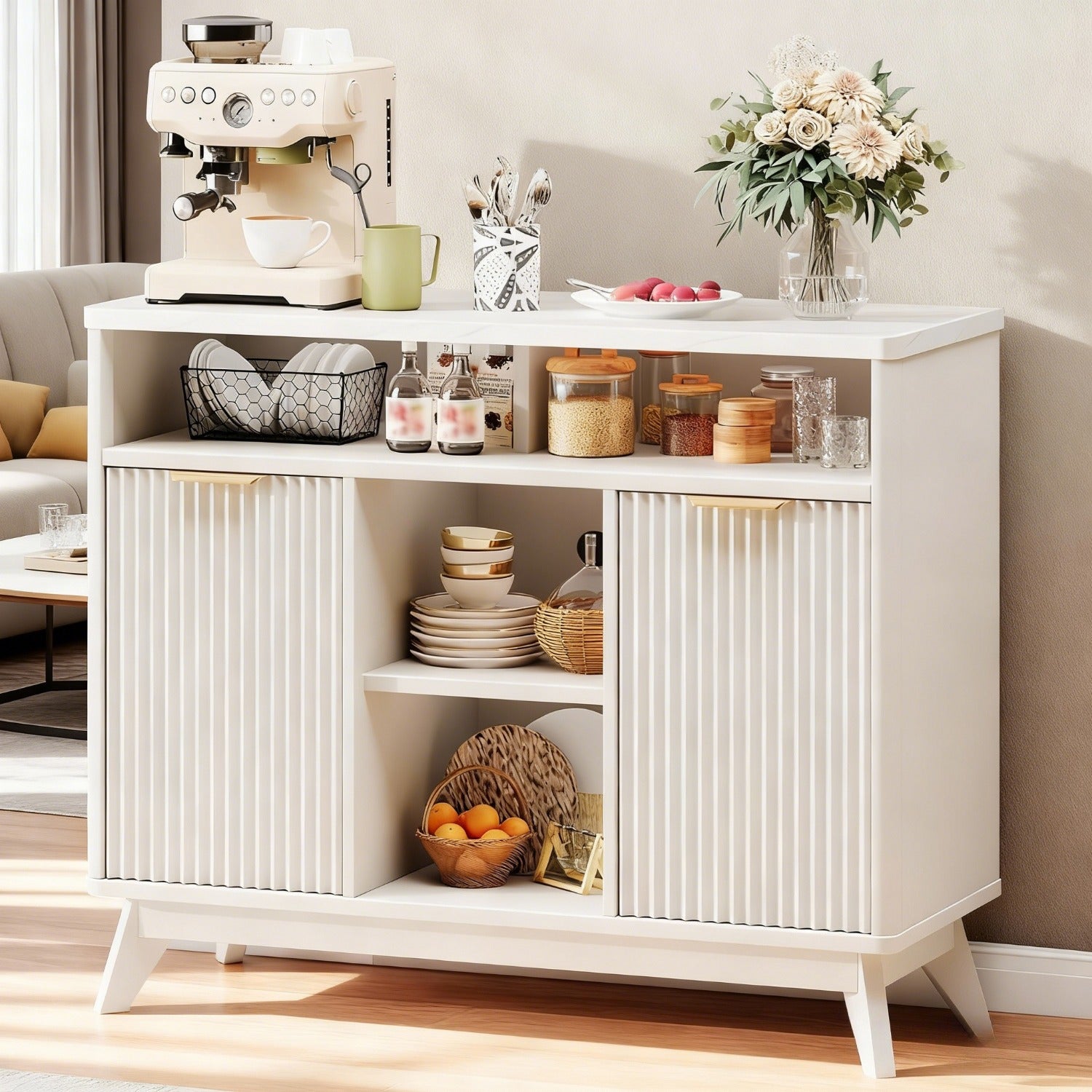 White Rustic Farmhouse Fluted Storage Cabinet with Paneled Doors & Hollow Design - & Engineered Wood, Large -Standing Sideboard Suitable for Kitchen, Living Room - Space-Saving Furniture with Doors\u002FDrawers (Assembly \u003E5)