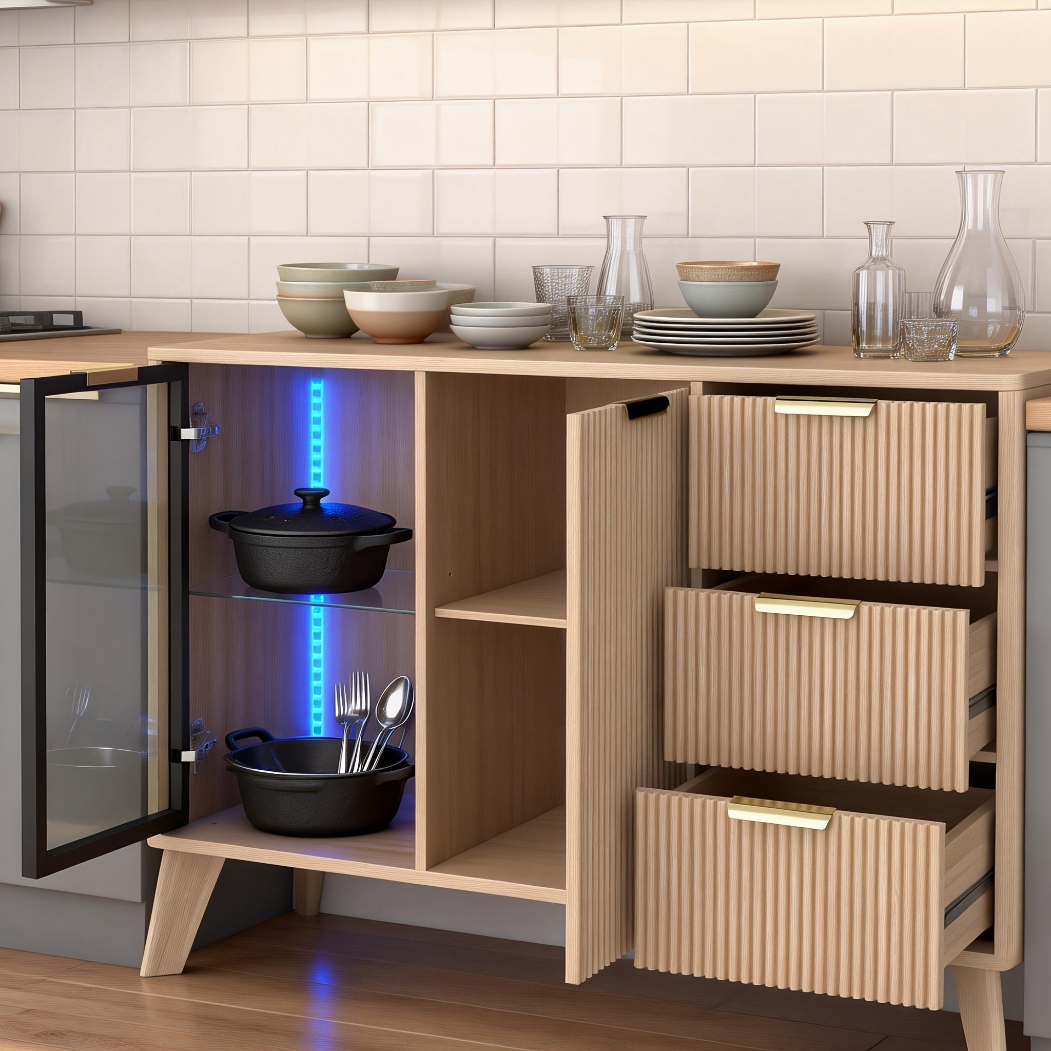 Siducal 47'' Buffet Cabinet with Glass Doors and Drawers | Large Storage, Classic Style, MDF and Fiberboard Material, Floor Mount