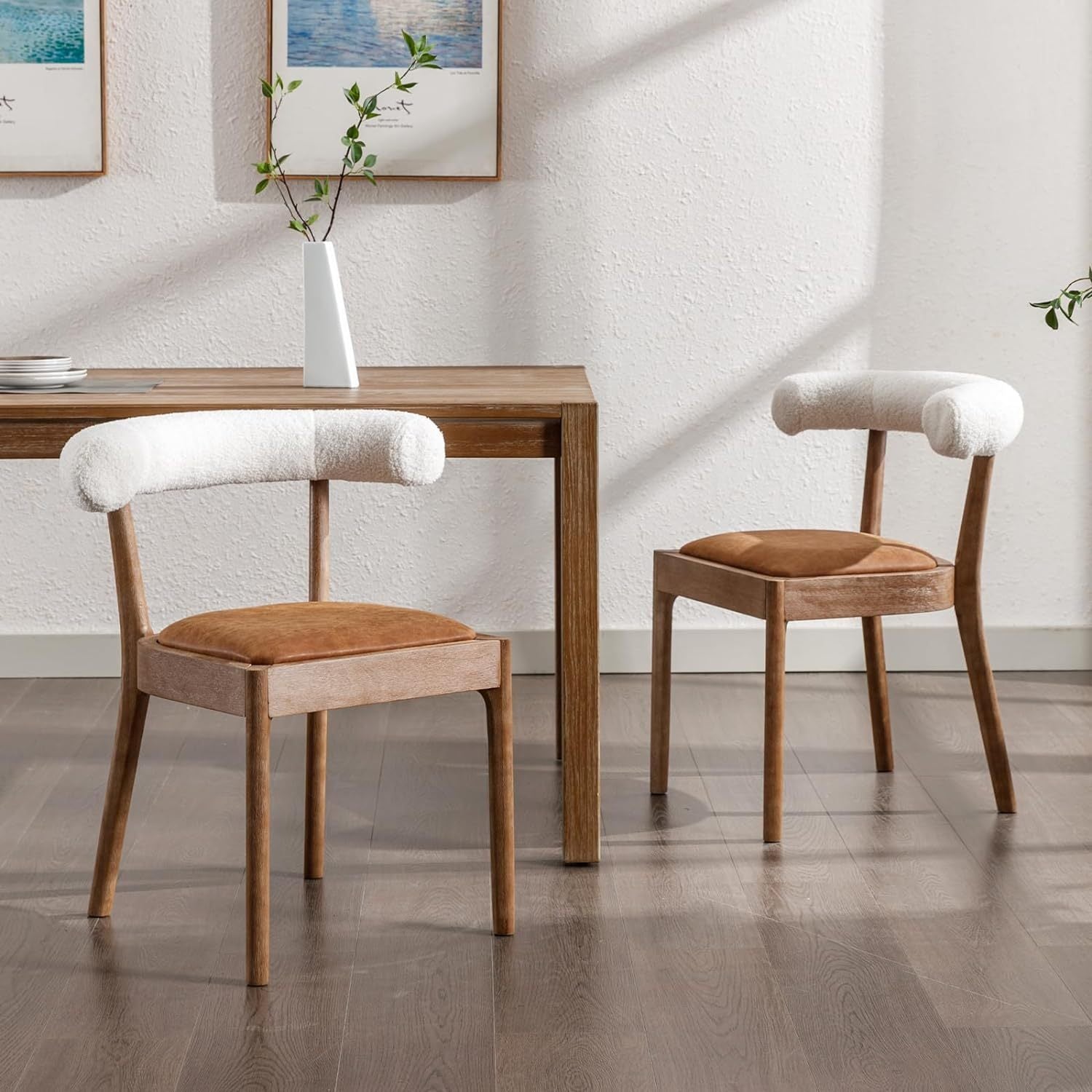 2-Seater Mid-Century Modern Dining Chair Set, Comfortable Wood Side Chairs with Curved Open Back Upholstery, Farmhouse Kitchen Chair Sets for Indoor\u002FLiving Room\u002FReception\u002FDining