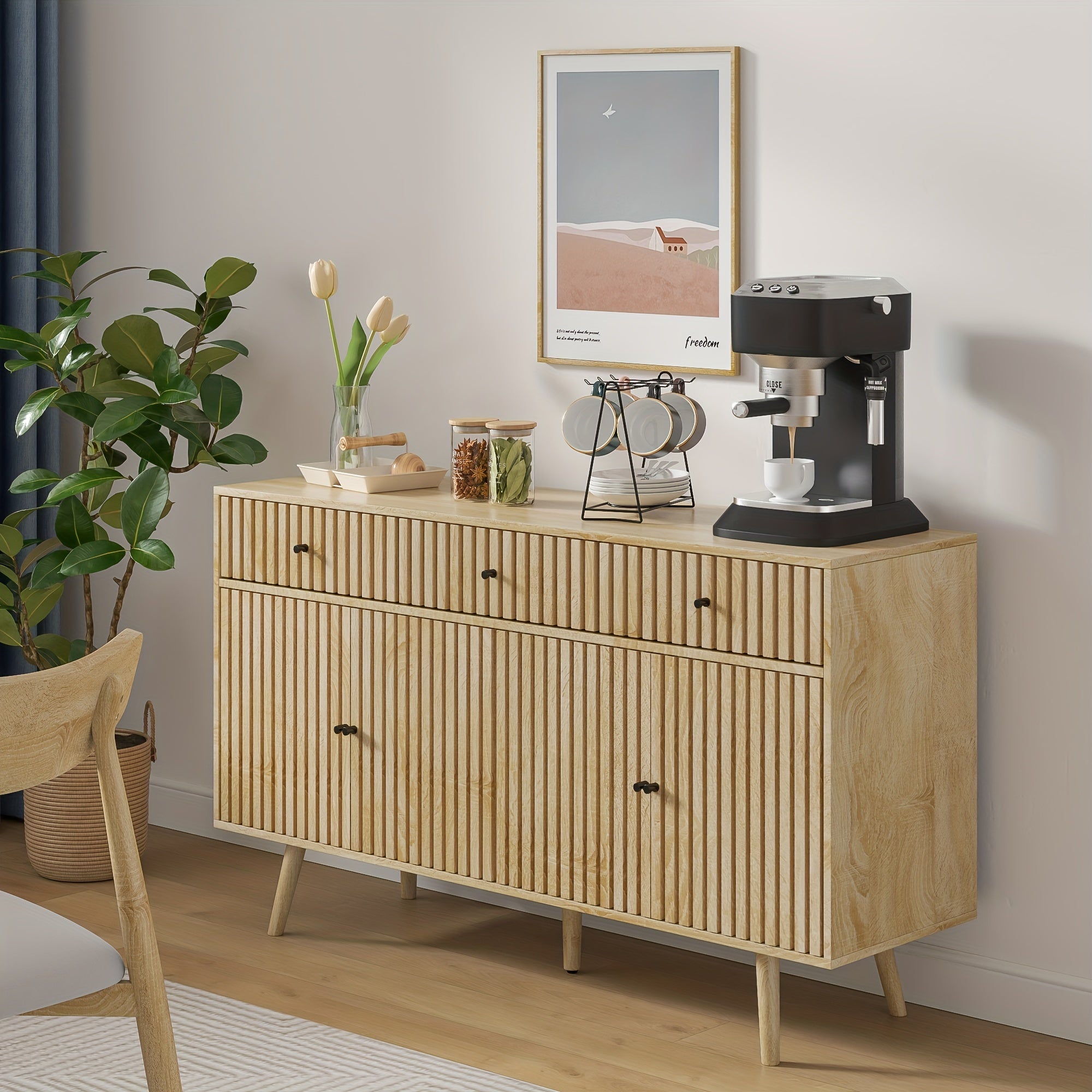 JEJEGORICH Buffet Sideboard Cabinet, Modern Farmhouse Coffee Bar with 3 Drawers 4 Doors And Shelf for Kitchen, Dining Room, Living Room, Entryway