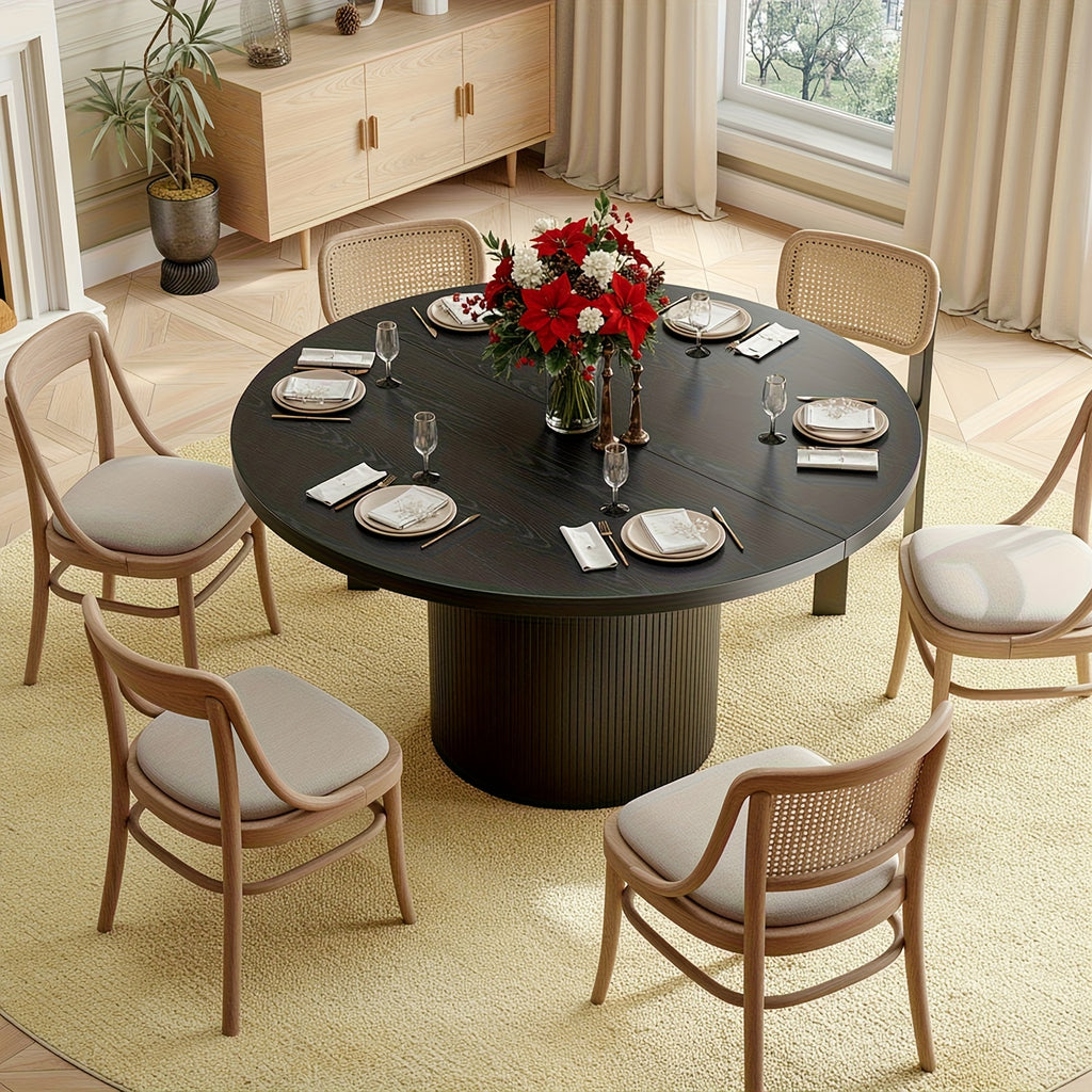 A 47-Inch Circular Dining Table Suitable for Four People, Featuring a Wooden Strip Base, Ideal for Modern Farmhouse-Style Dining in The Kitchen Or Living Room, Available in Walnut And Black