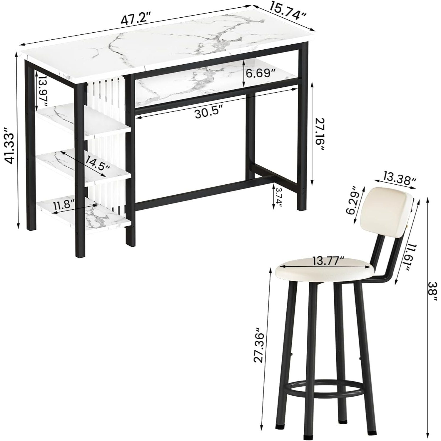 LTTROMAT Dining Bar Table set for 2, 3-Piece Kitchen Table Set with Storage Shelves, Faux Marble Table with MDF Broad & Metal Frame, Easy Clean, Space-Saving Bar Table set for Dining Room, Kitchen, 47.24\