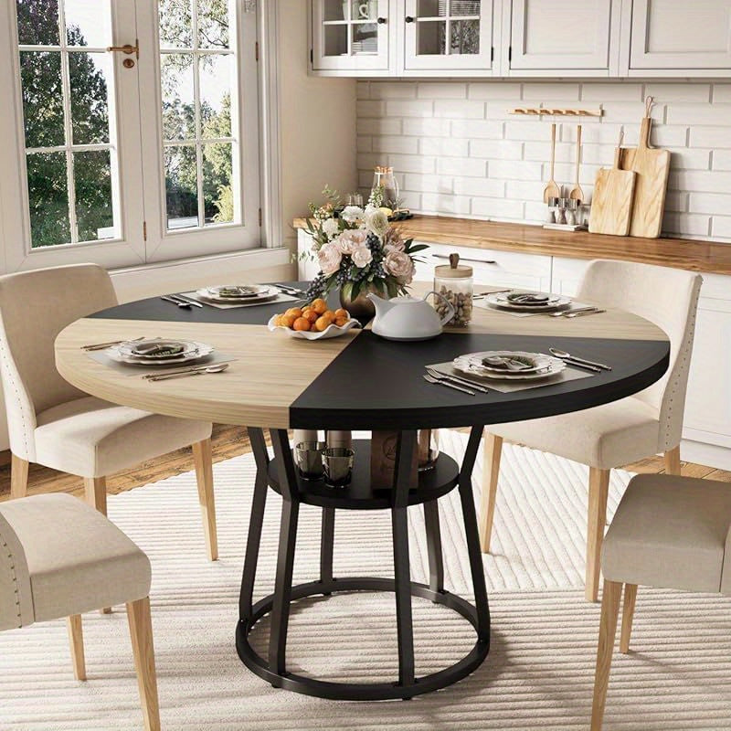 47. 2-inch Round Dining Table For 4-6 People, Farmhouse Kitchen Table With Open Storage, Easy To Assemble, Suitable For Kitchens, Dining Rooms, Living Rooms, Meeting Rooms, And Apartments(Chairs Not Included)