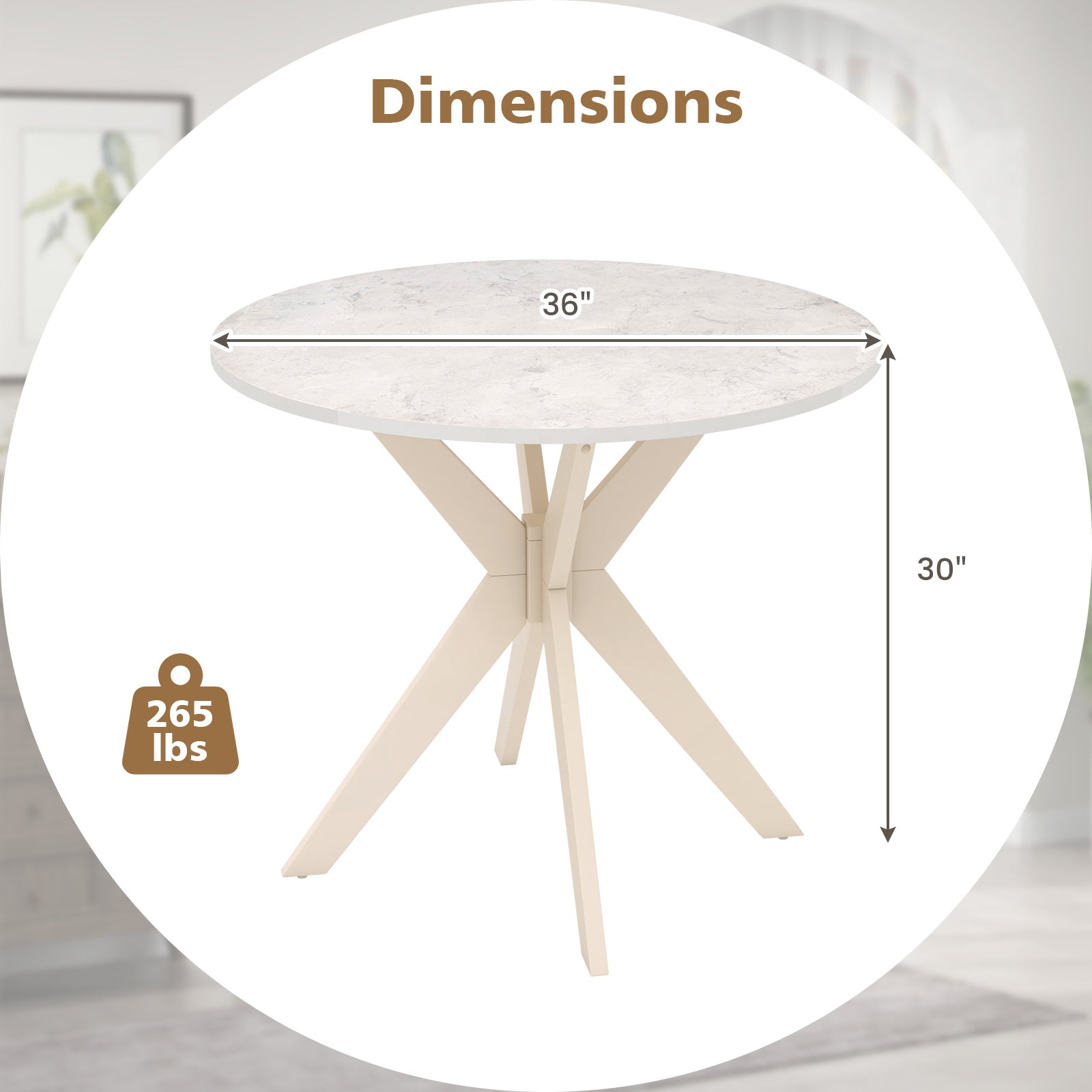 COSTWAY Round Dining Table, 36-Inch Mid Century Modern Kitchen Table with Faux Marble Tabletop & Solid Rubber Wood Legs, Leisure Table for 2-4 Person, for Kitchen, Dining Room, Reception Room, White