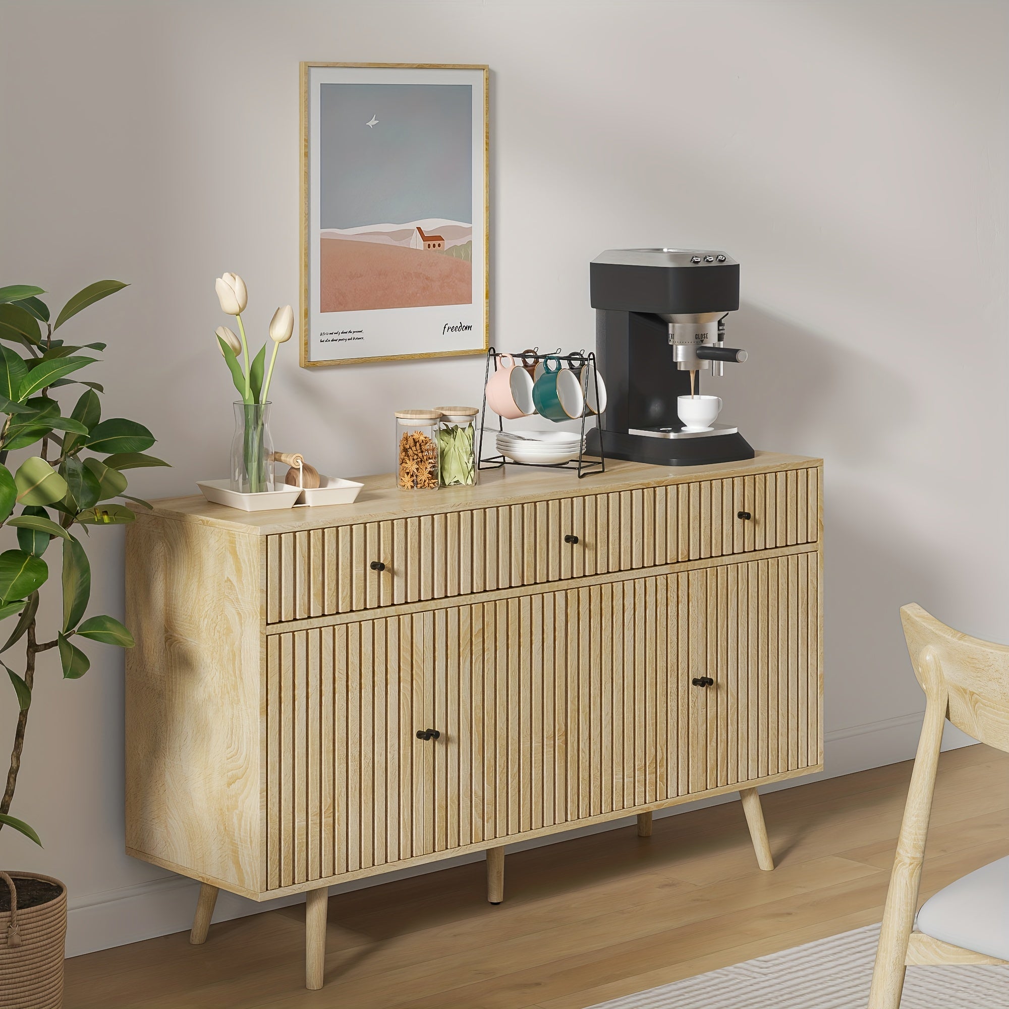 JEJEGORICH Buffet Sideboard Cabinet, Modern Farmhouse Coffee Bar with 3 Drawers 4 Doors And Shelf for Kitchen, Dining Room, Living Room, Entryway