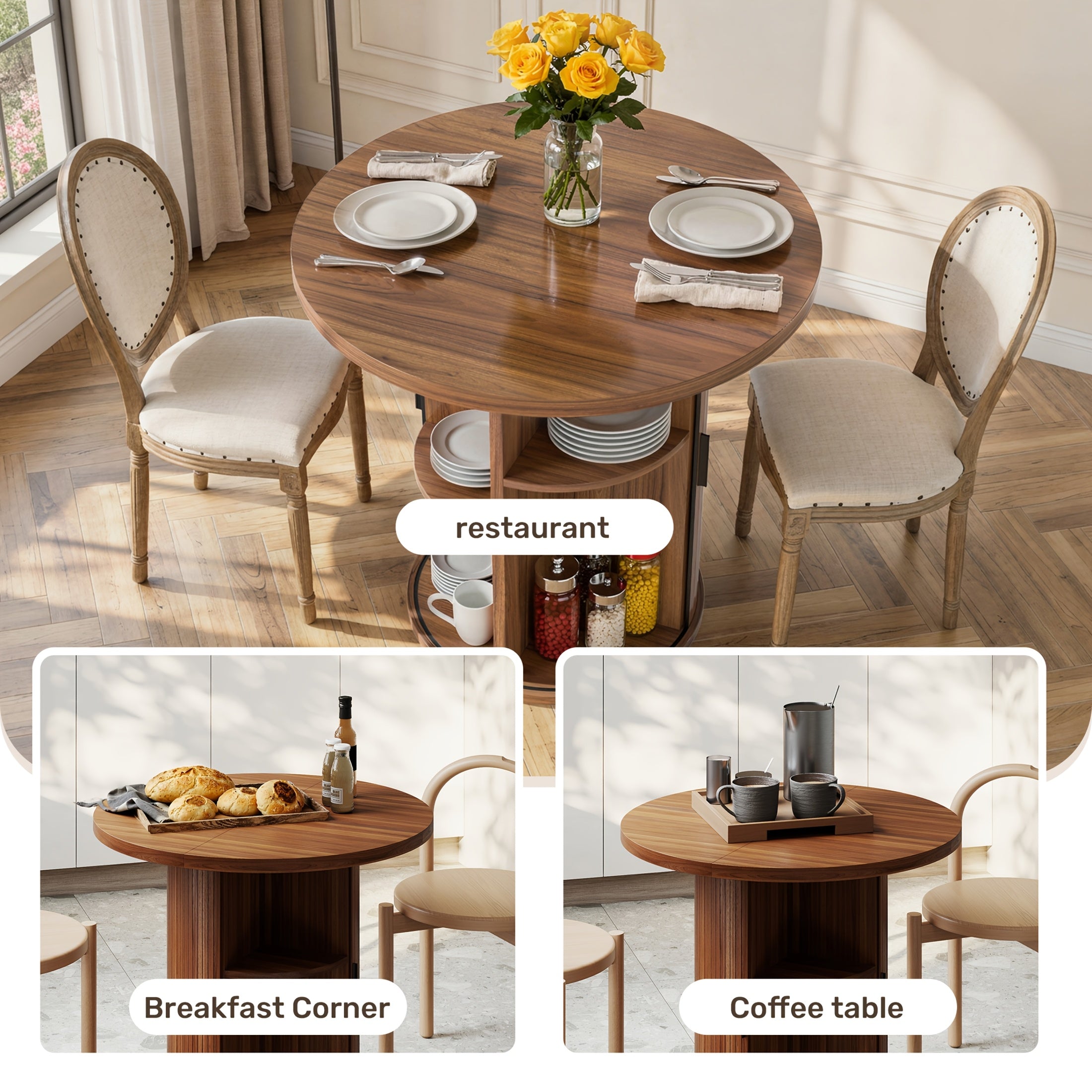 31.5-Inch Circular Dining Table, Wooden Kitchen Table Featuring a Two-Tier Storage Shelf And a Wooden Sliding Door, Suitable for Home Dining Rooms And Living Rooms, Accommodating 2 to 4 People