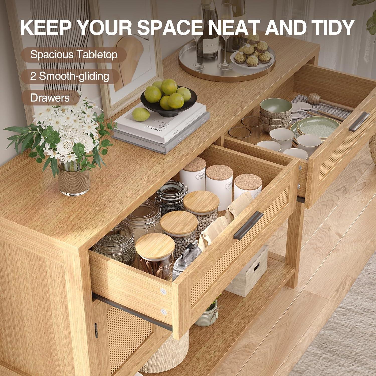 Chic Rattan Sideboard Buffet with Open Shelves And Drawers, Trendy Storage Cabinet Featuring Rattan Doors, Versatile Console Table And Coffee Station for Organizing Entryways, Kitchens, Dining Areas, Or Living Rooms