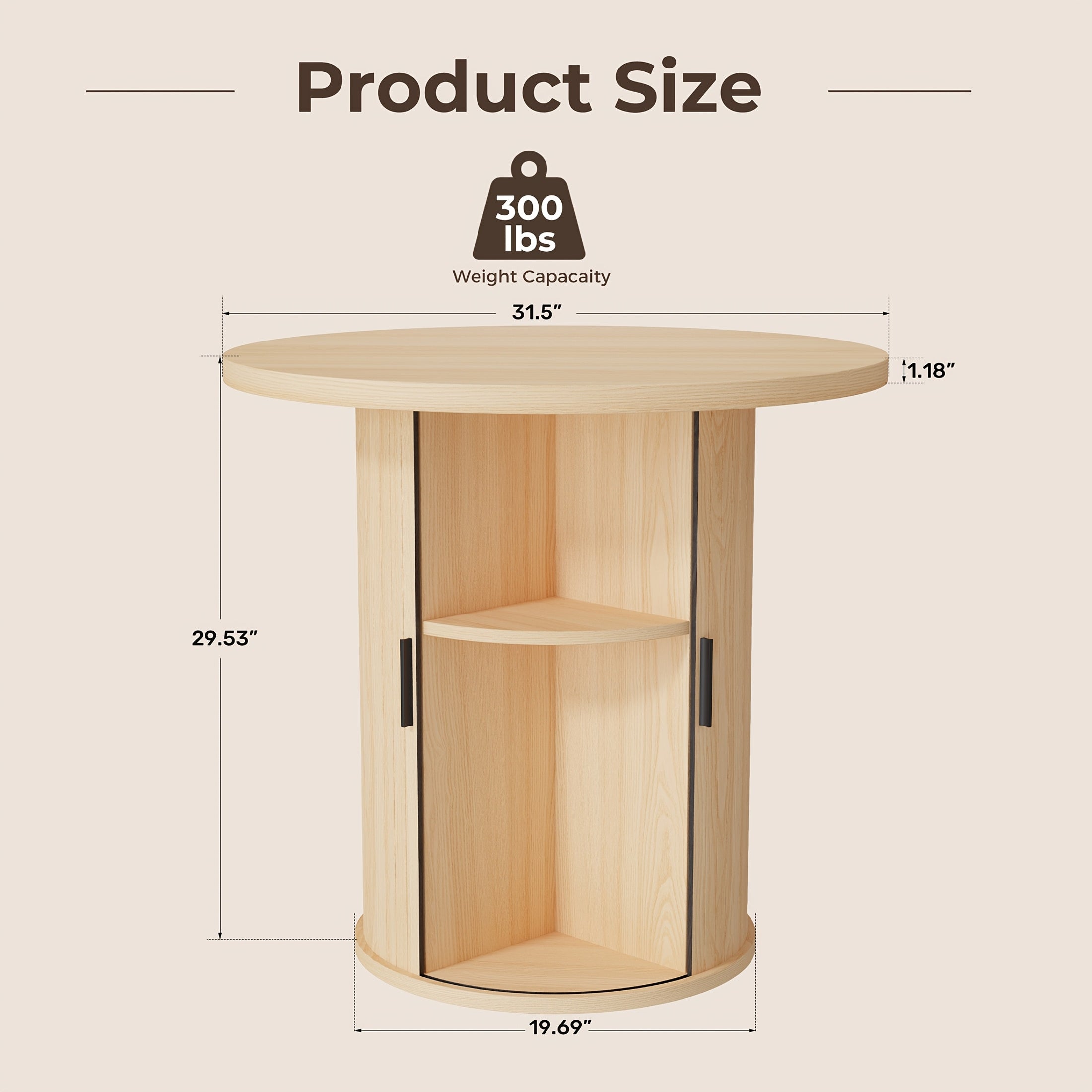 31.5-Inch Circular Dining Table, Wooden Kitchen Table Featuring a Two-Tier Storage Shelf And a Wooden Sliding Door, Suitable for Home Dining Rooms And Living Rooms, Accommodating 2 to 4 People