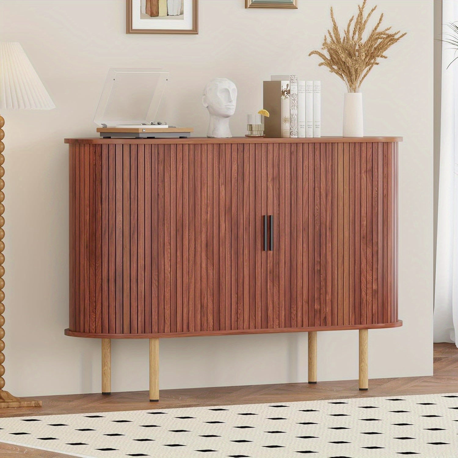 47-Inch Mid Century Modern Accent Cabinet, Small Storage Cabinets with Sliding Door for Kitchen, Living Room, And Entryway