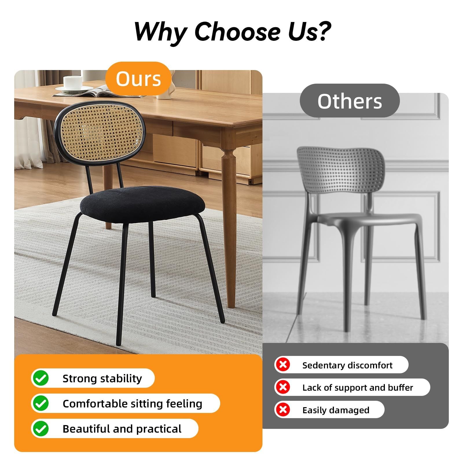 Set of 2 Modern Boho Dining Chairs with Rattan Backrest & Sturdy Metal Legs - Soft Black Velvet Accent Seating, Dining Table, Living Room - Elegant Contemporary Furniture for home or Restaurant, Easy-Clean Design