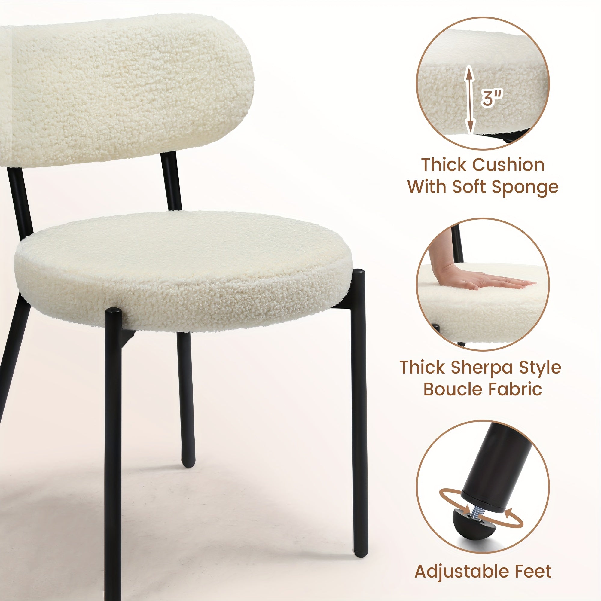 Set Of 2\u002F4\u002F6 Boucle Mid-Century Modern Dining Chairs, Armless Minimalist Design, Sturdy Steel Frame With Round Seat And Upholstered Back, Ideal For Dining Room Or Kitchen Table