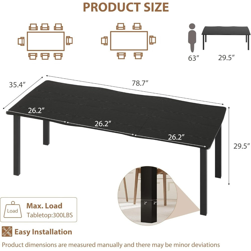 Dining Table for 6-8 People | Rustic Wave Irregular Edge Table with Thick MDF Top & Metal Frame, Waterproof Scratch-Resistant, Versatile for Dining\u002FWork\u002FStudy, Black - Towallmark