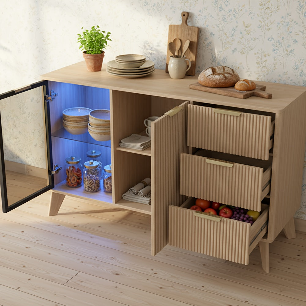 Siducal 47'' Buffet Cabinet with Glass Doors and Drawers | Large Storage, Classic Style, MDF and Fiberboard Material, Floor Mount