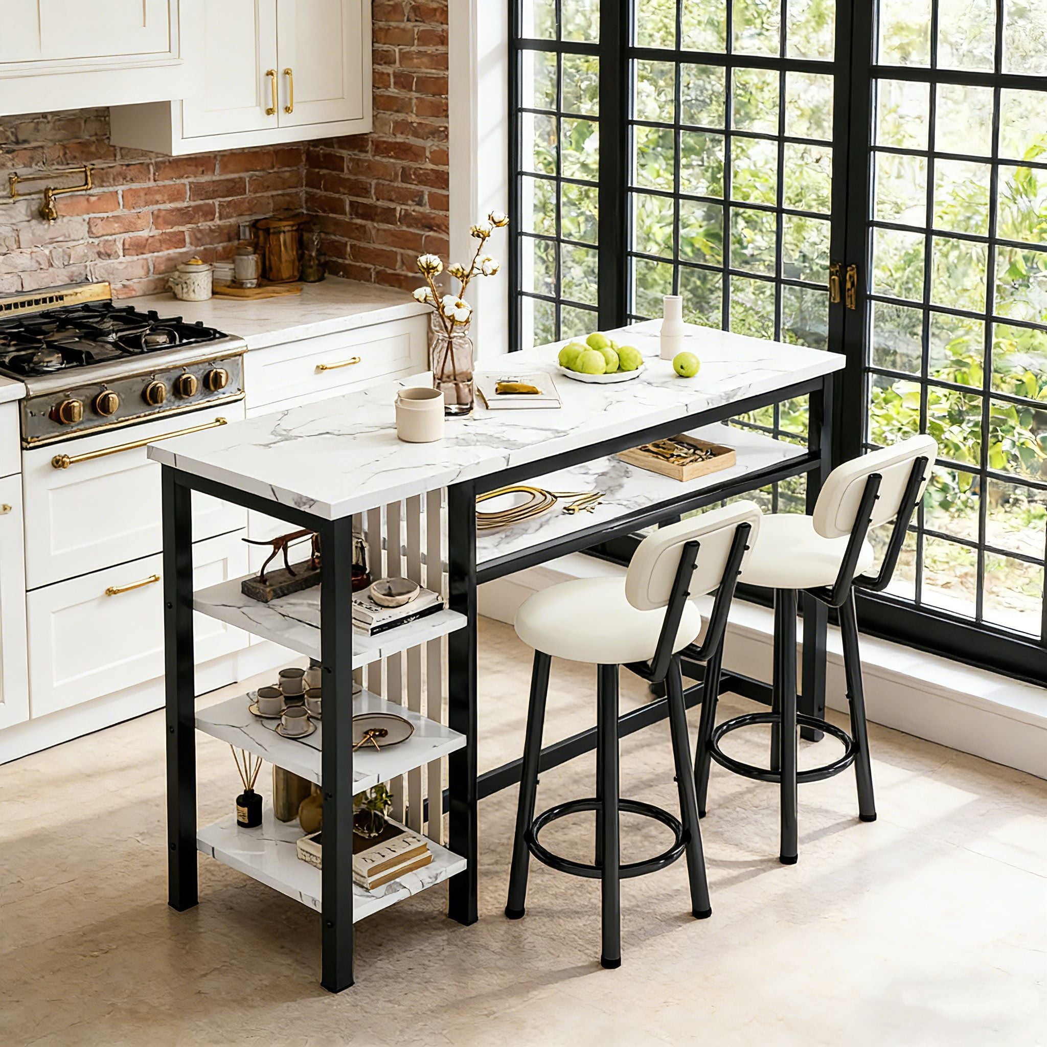 LTTROMAT Dining Bar Table set for 2, 3-Piece Kitchen Table Set with Storage Shelves, Faux Marble Table with MDF Broad & Metal Frame, Easy Clean, Space-Saving Bar Table set for Dining Room, Kitchen, 47.24\