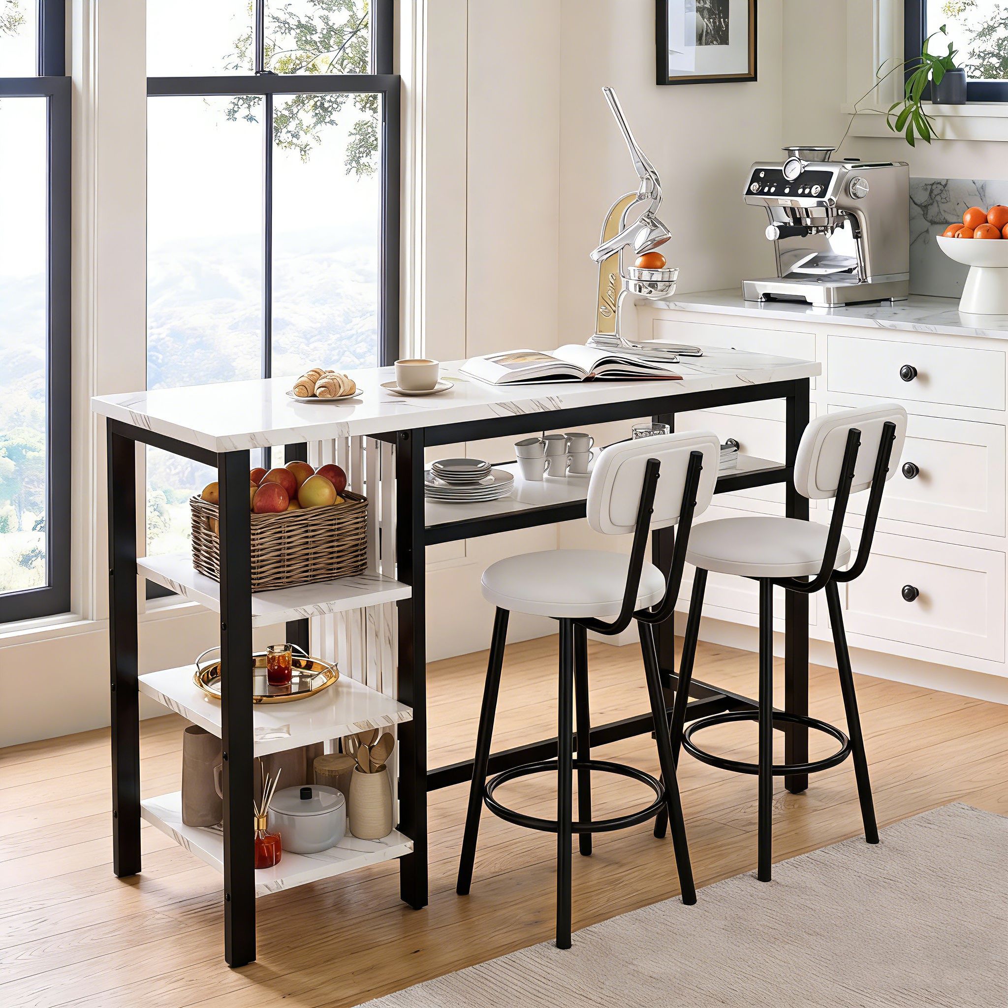 LTTROMAT Dining Bar Table set for 2, 3-Piece Kitchen Table Set with Storage Shelves, Faux Marble Table with MDF Broad & Metal Frame, Easy Clean, Space-Saving Bar Table set for Dining Room, Kitchen, 47.24\