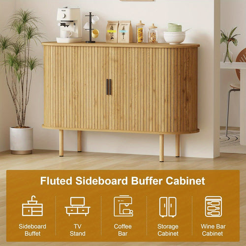 47-Inch Mid Century Modern Accent Cabinet, Small Storage Cabinets with Sliding Door for Kitchen, Living Room, And Entryway