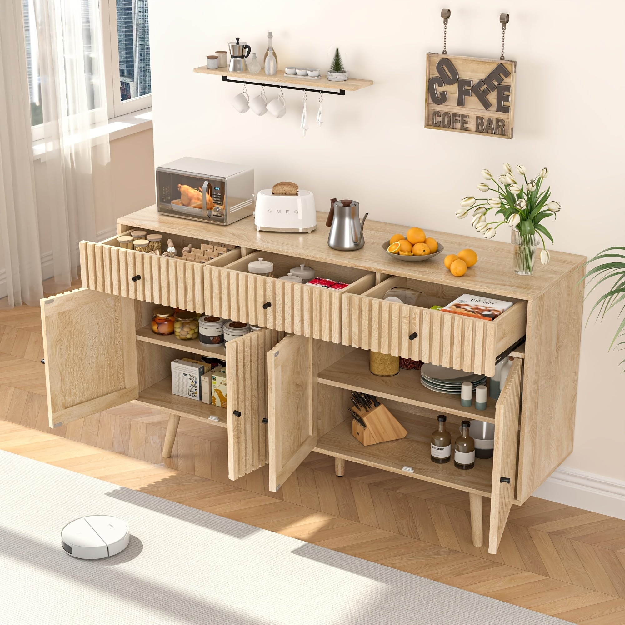 Modern Farmhouse Buffet Sideboard with Storage | 3 Drawers, 4 Doors, Shelf in Birch Wood End for Kitchen, Dining Room, Living Room, Entryway - JEJEGORICH