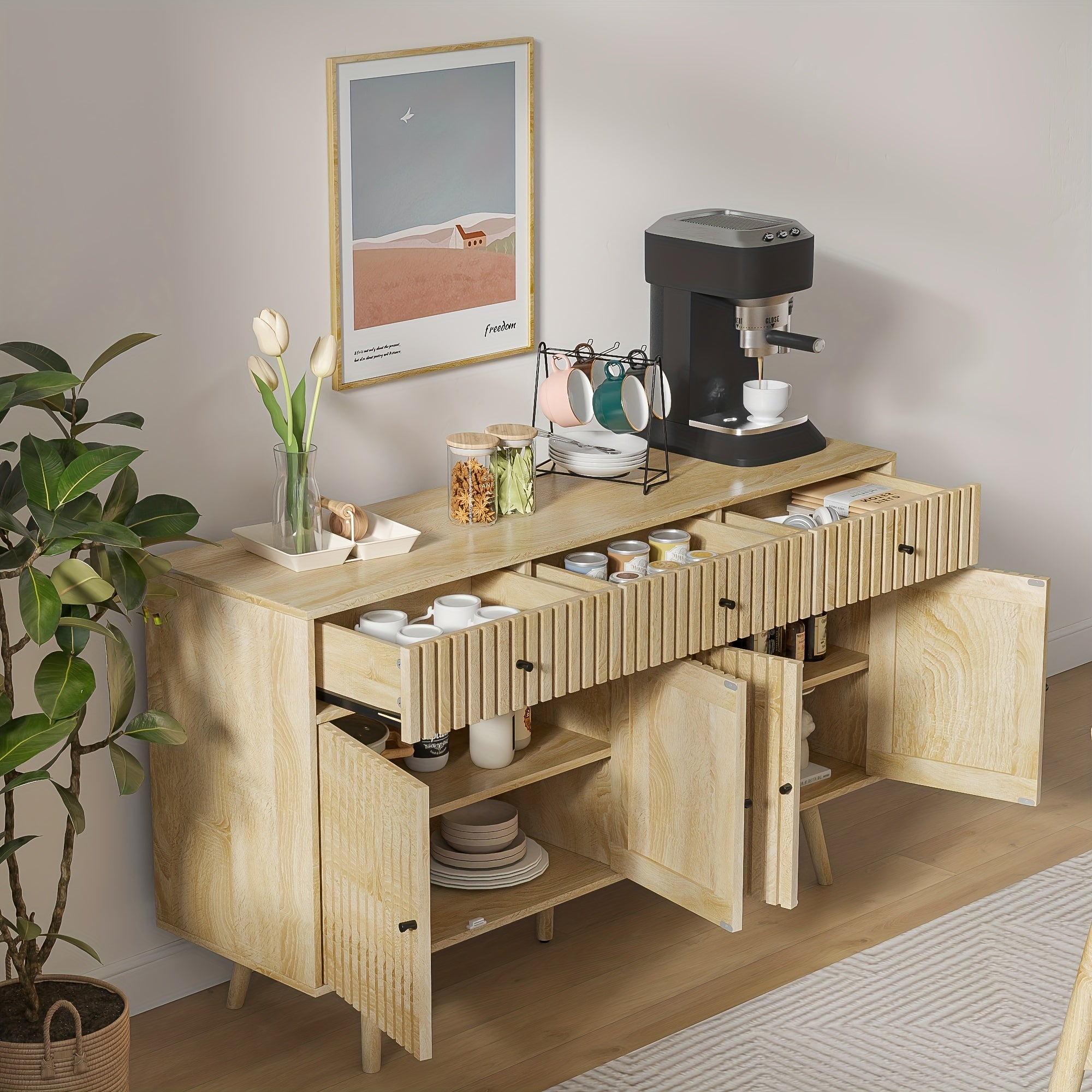 JEJEGORICH Buffet Sideboard Cabinet, Modern Farmhouse Coffee Bar with 3 Drawers 4 Doors And Shelf for Kitchen, Dining Room, Living Room, Entryway