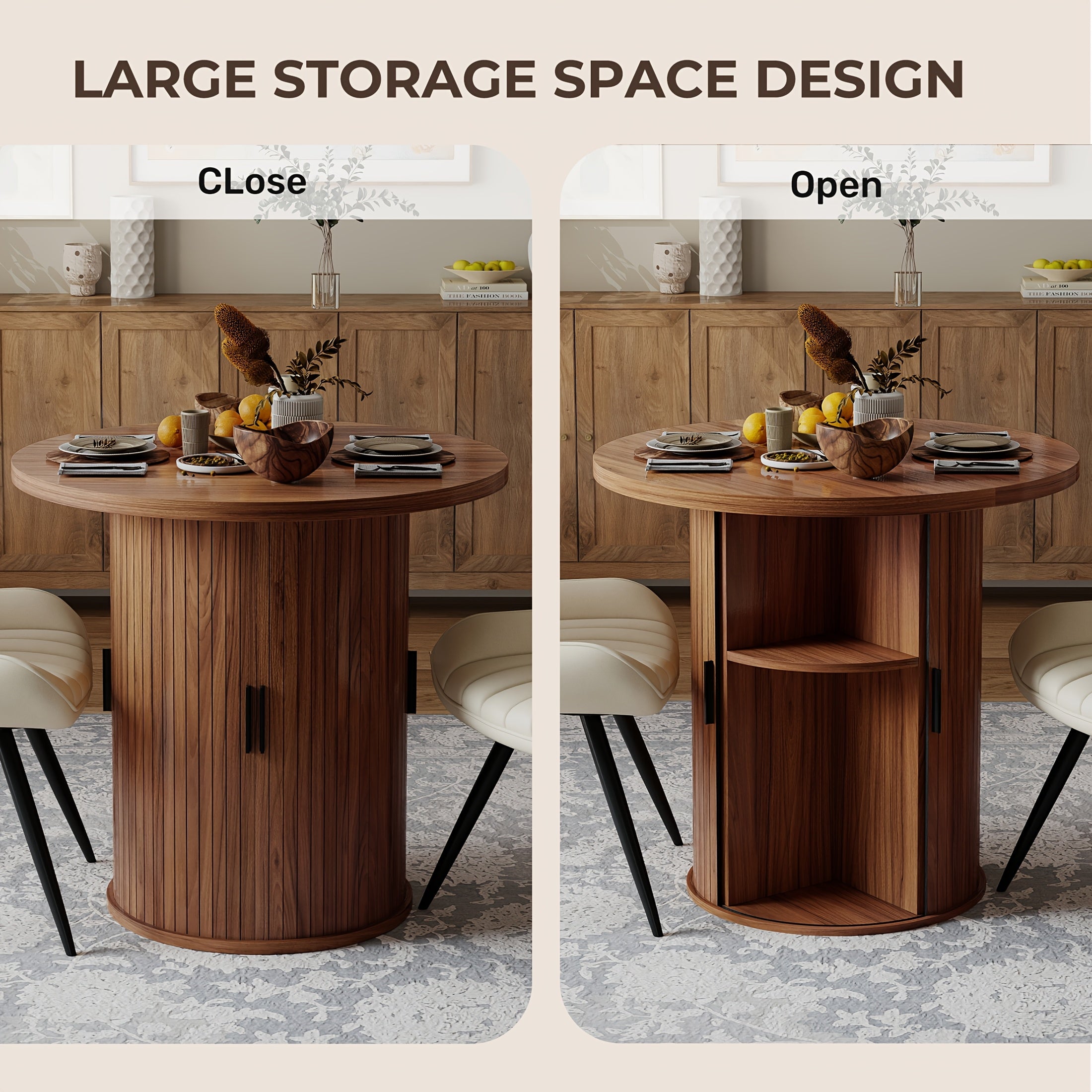 31.5-Inch Circular Dining Table, Wooden Kitchen Table Featuring a Two-Tier Storage Shelf And a Wooden Sliding Door, Suitable for Home Dining Rooms And Living Rooms, Accommodating 2 to 4 People