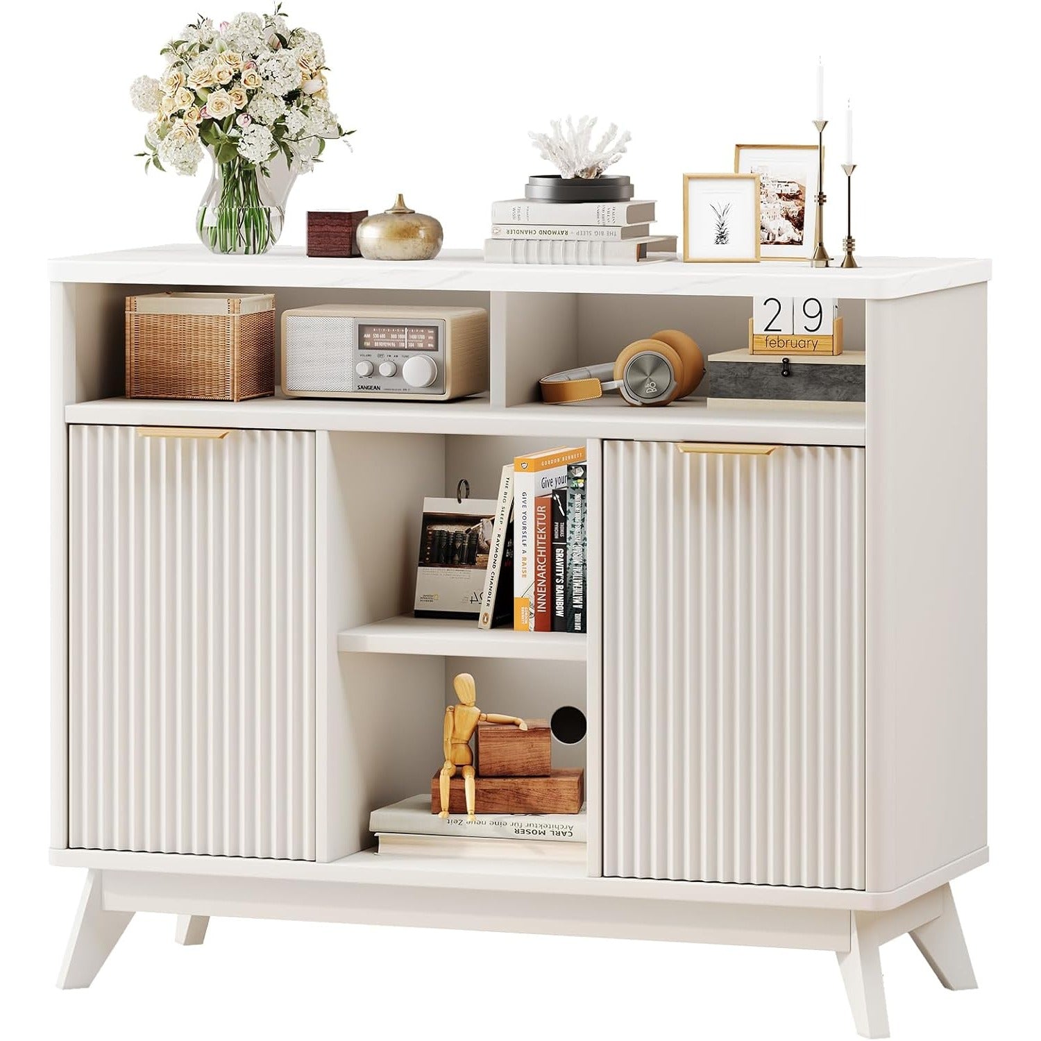 White Rustic Farmhouse Fluted Storage Cabinet with Paneled Doors & Hollow Design - & Engineered Wood, Large -Standing Sideboard Suitable for Kitchen, Living Room - Space-Saving Furniture with Doors\u002FDrawers (Assembly \u003E5)