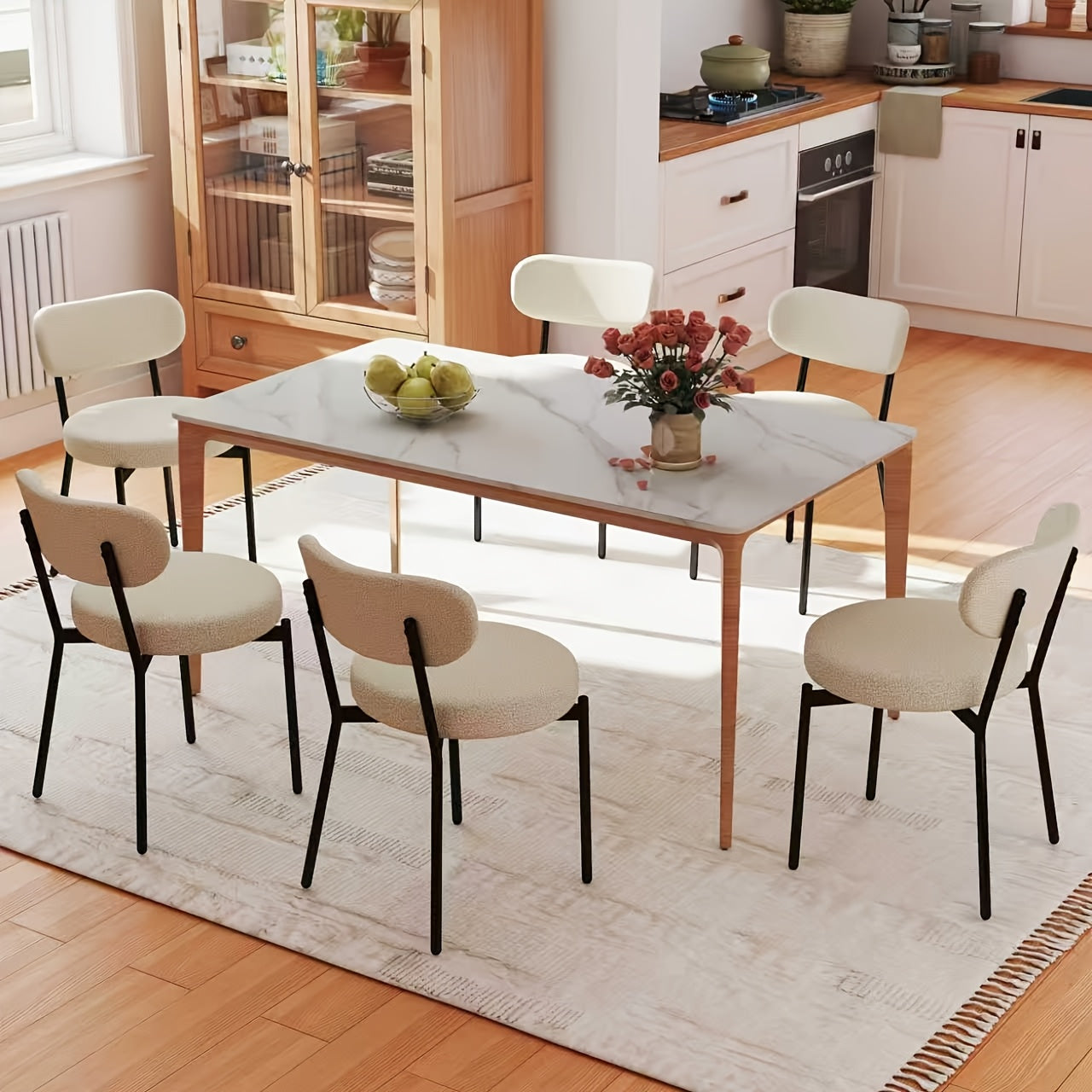Set Of 2\u002F4\u002F6 Boucle Mid-Century Modern Dining Chairs, Armless Minimalist Design, Sturdy Steel Frame With Round Seat And Upholstered Back, Ideal For Dining Room Or Kitchen Table