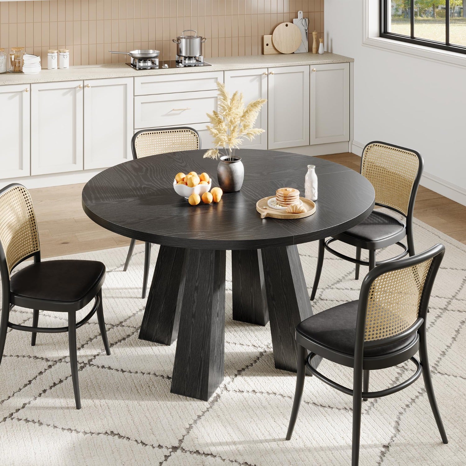 47-inch round table, suitable for 4 to 6 people, a rustic style kitchen table, equipped with 4 sturdy legs and a stable base, suitable for use in dining rooms and living rooms, black round table.