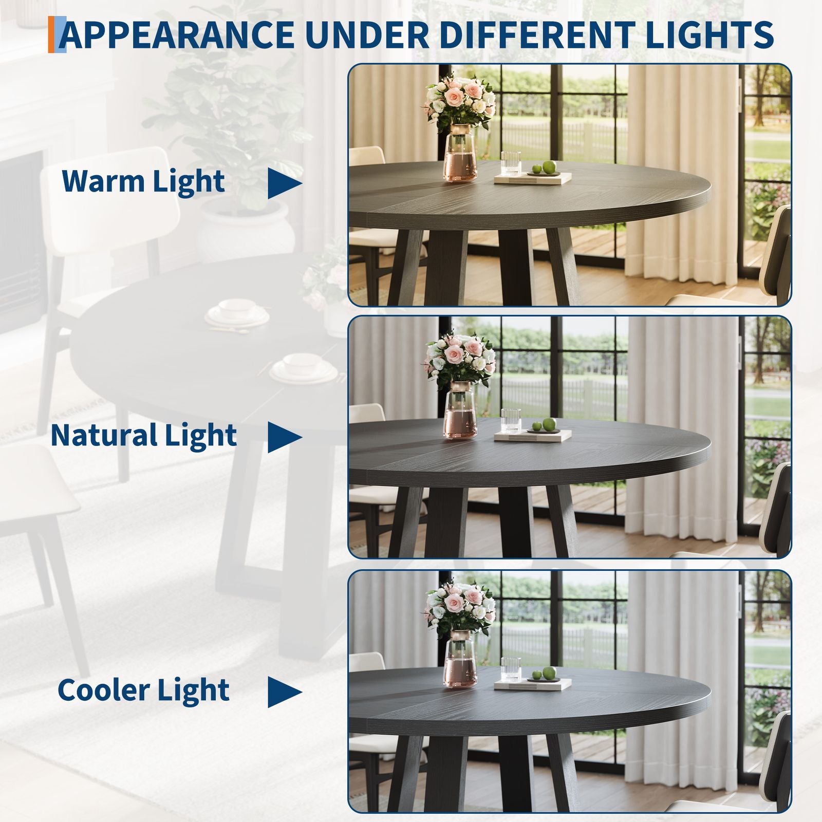 Round Dining Table for 4-6 | 47 Inch Farmhouse Wood Round Kitchen Table for Living Room, Apartment, Black | Classic Style, Pedestal Base, Multifunctional, Steel Material, TROPOW Brand