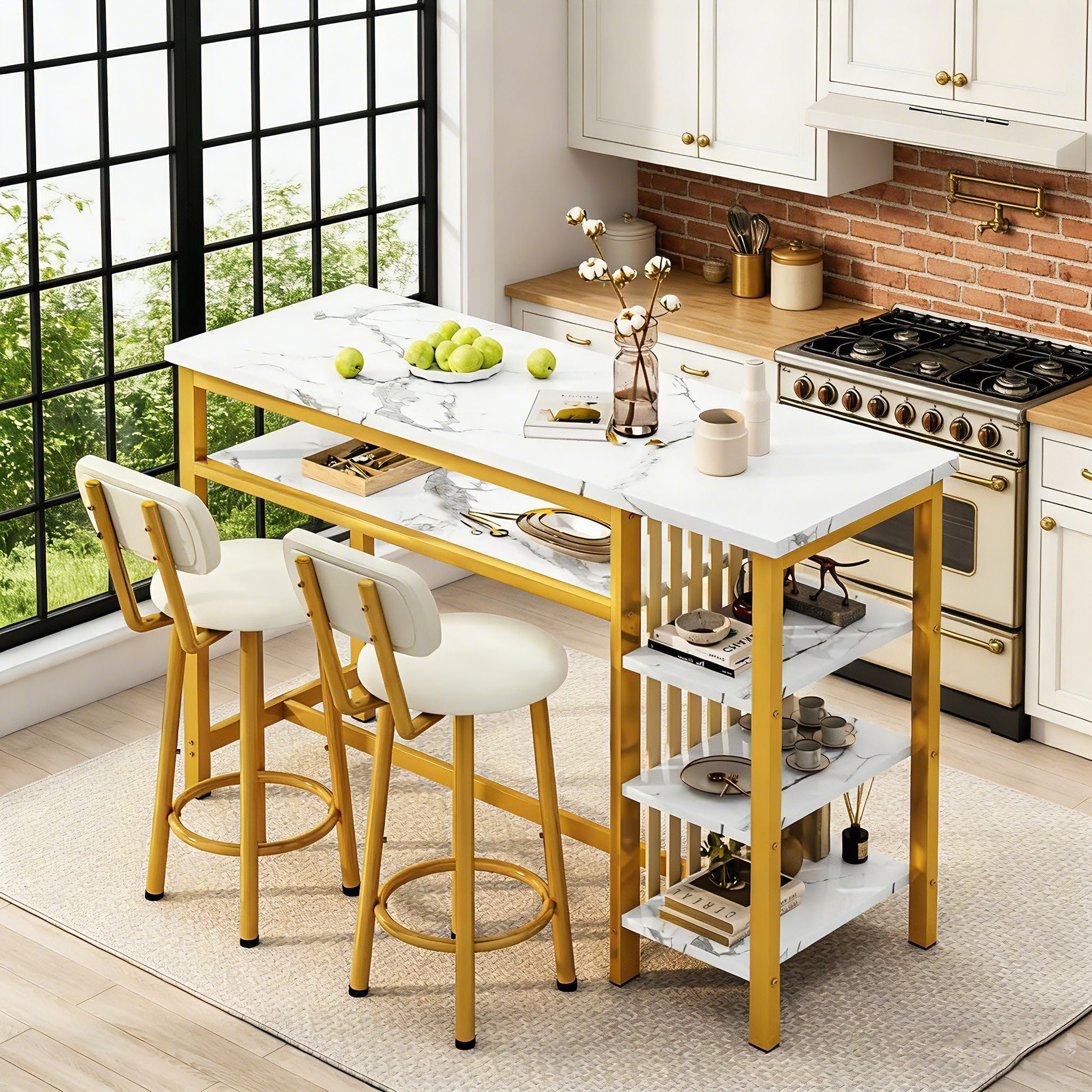 LTTROMAT Dining Bar Table set for 2, 3-Piece Kitchen Table Set with Storage Shelves, Faux Marble Table with MDF Broad & Metal Frame, Easy Clean, Space-Saving Bar Table set for Dining Room, Kitchen, 47.24\