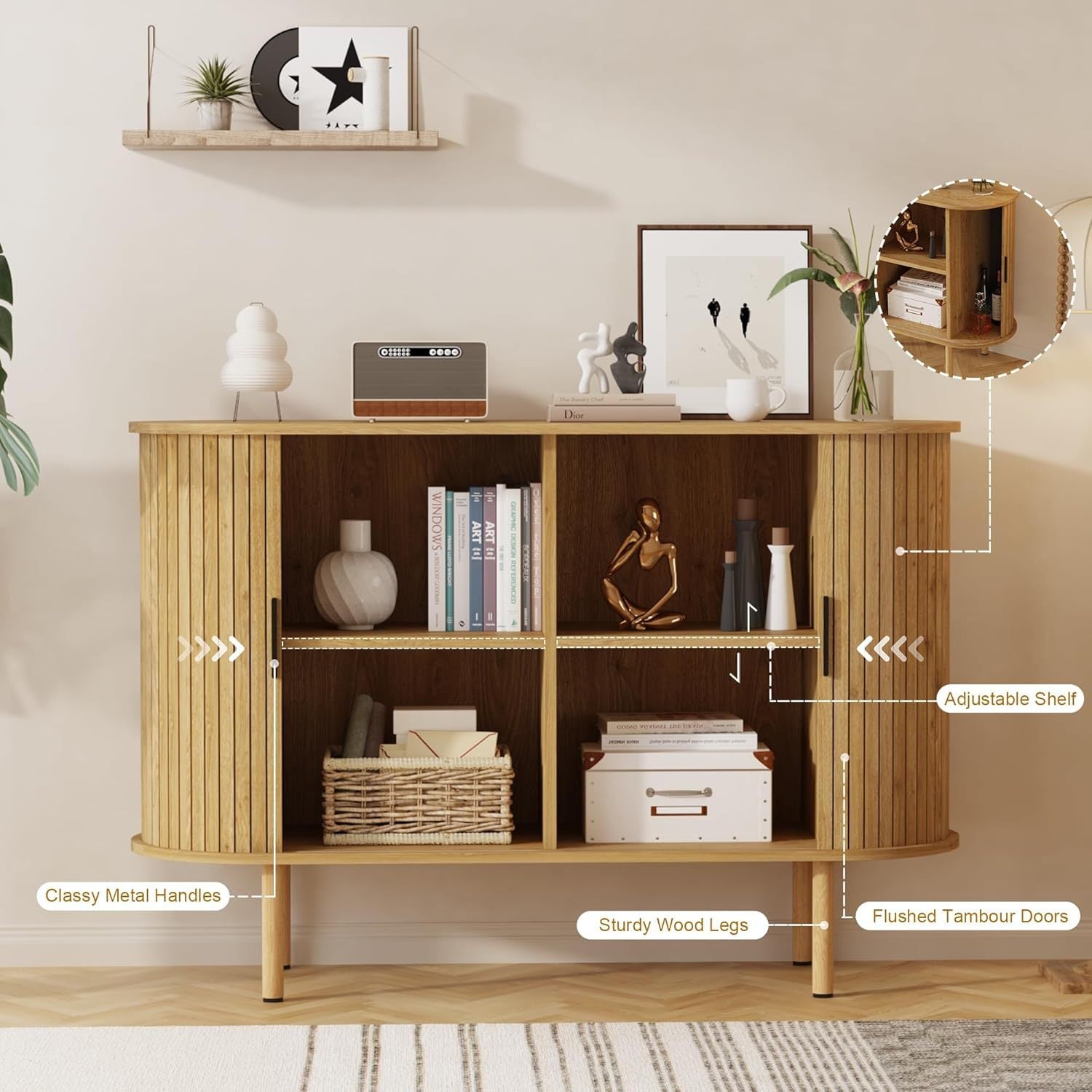 47-Inch Mid Century Modern Accent Cabinet, Small Storage Cabinets with Sliding Door for Kitchen, Living Room, And Entryway