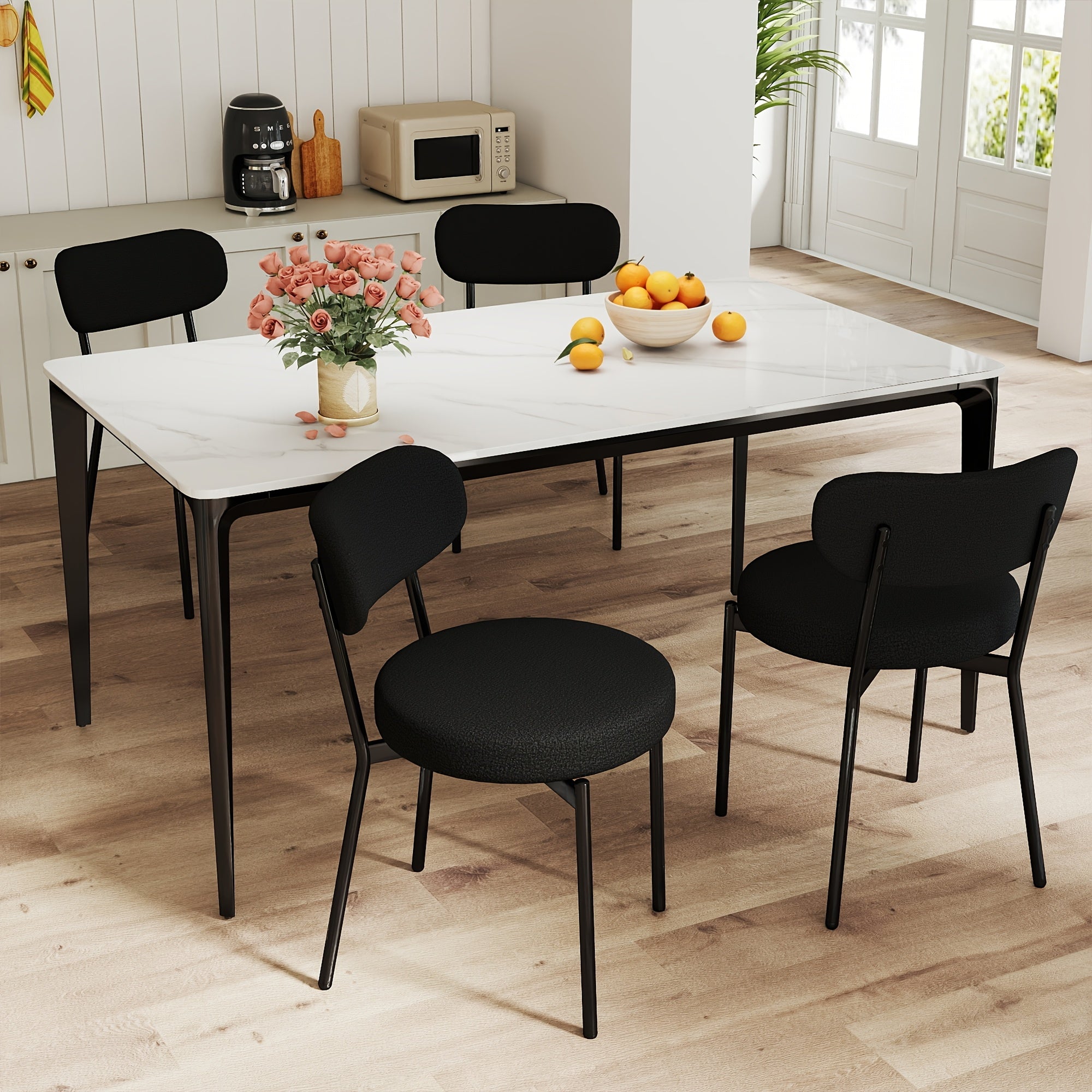 Set Of 2\u002F4\u002F6 Boucle Mid-Century Modern Dining Chairs, Armless Minimalist Design, Sturdy Steel Frame With Round Seat And Upholstered Back, Ideal For Dining Room Or Kitchen Table