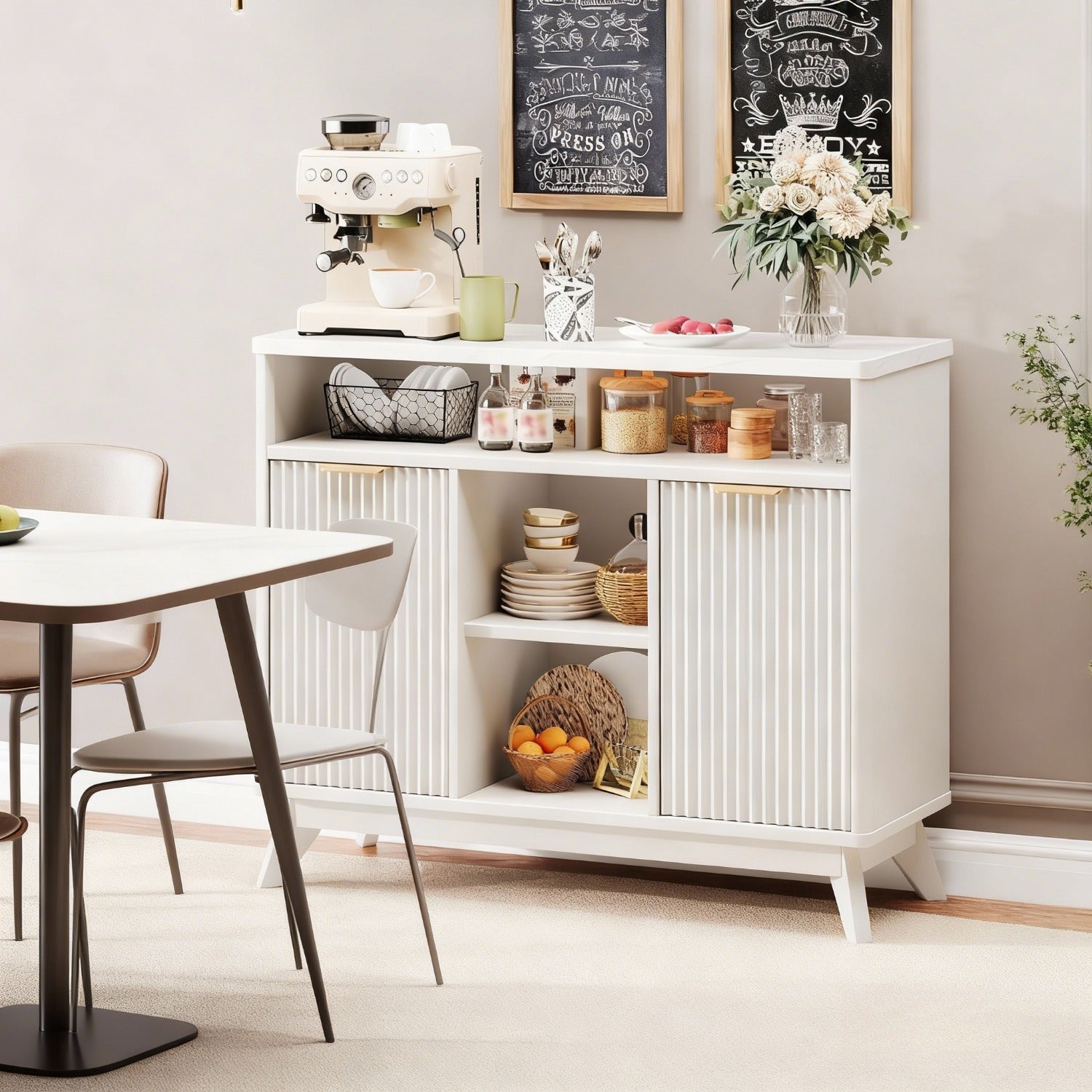 White Rustic Farmhouse Fluted Storage Cabinet with Paneled Doors & Hollow Design - & Engineered Wood, Large -Standing Sideboard Suitable for Kitchen, Living Room - Space-Saving Furniture with Doors\u002FDrawers (Assembly \u003E5)