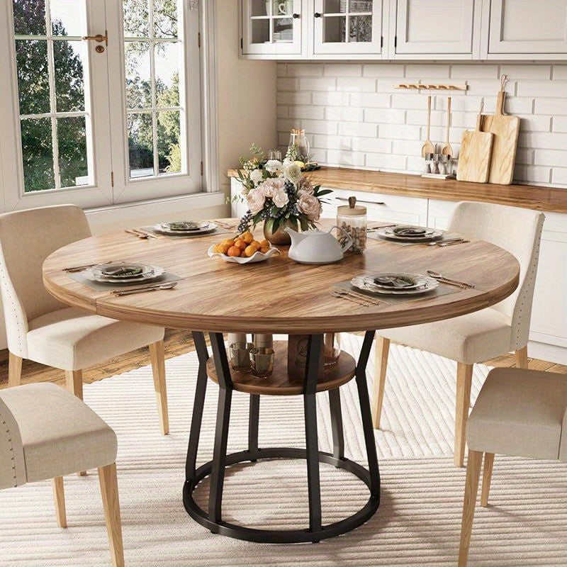 47. 2-inch Round Dining Table For 4-6 People, Farmhouse Kitchen Table With Open Storage, Easy To Assemble, Suitable For Kitchens, Dining Rooms, Living Rooms, Meeting Rooms, And Apartments(Chairs Not Included)