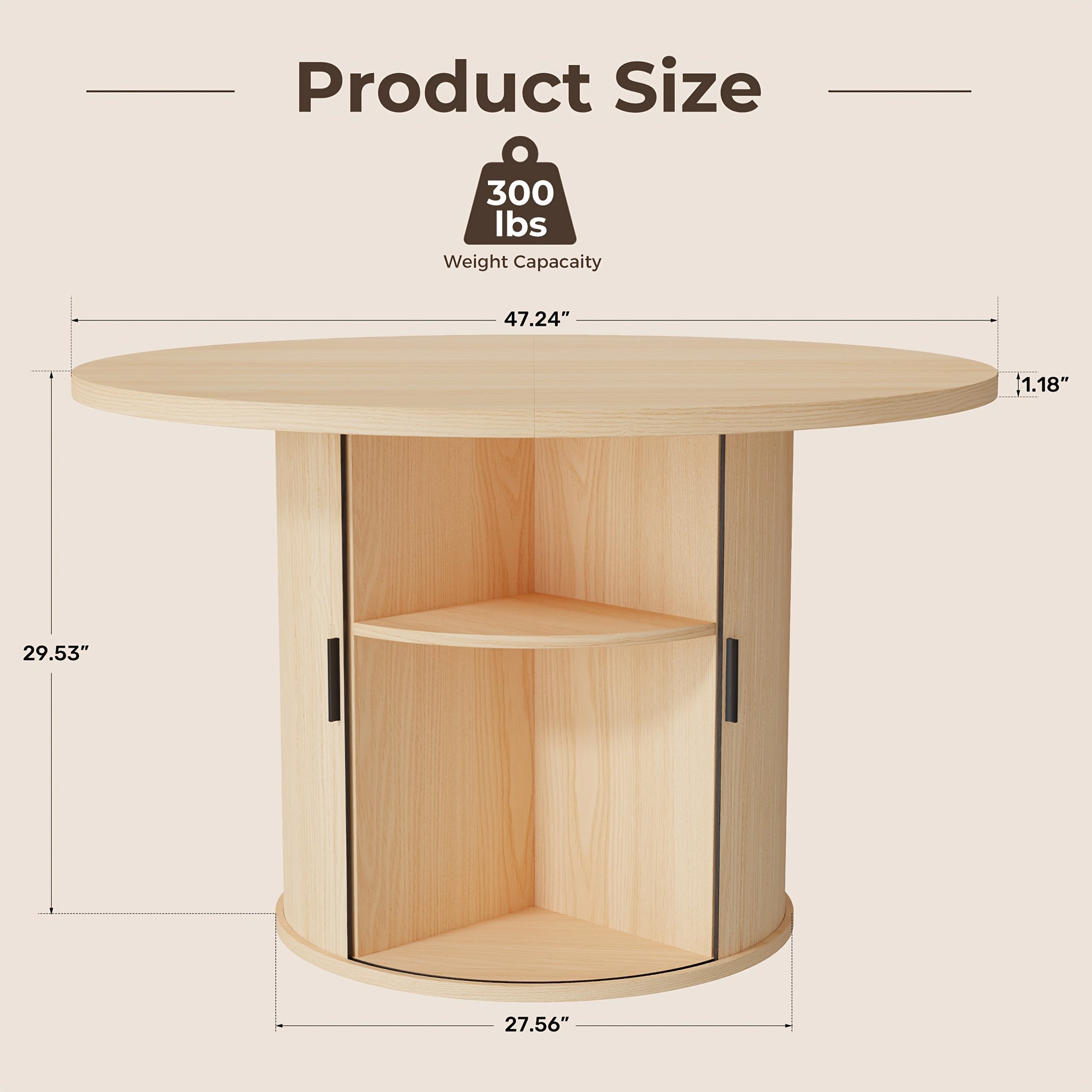 31.5-Inch Circular Dining Table, Wooden Kitchen Table Featuring a Two-Tier Storage Shelf And a Wooden Sliding Door, Suitable for Home Dining Rooms And Living Rooms, Accommodating 2 to 4 People