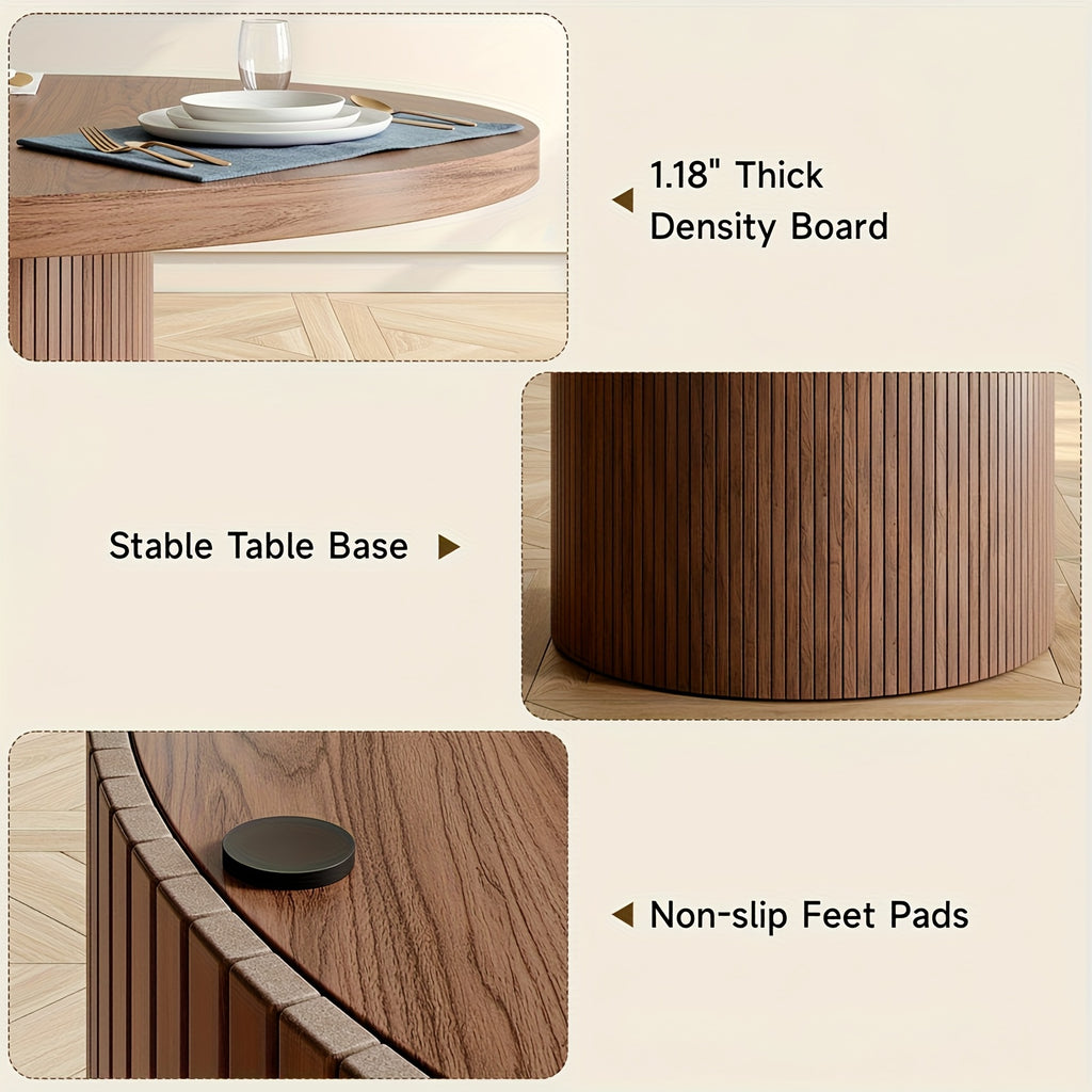 A 47-Inch Circular Dining Table Suitable for Four People, Featuring a Wooden Strip Base, Ideal for Modern Farmhouse-Style Dining in The Kitchen Or Living Room, Available in Walnut And Black