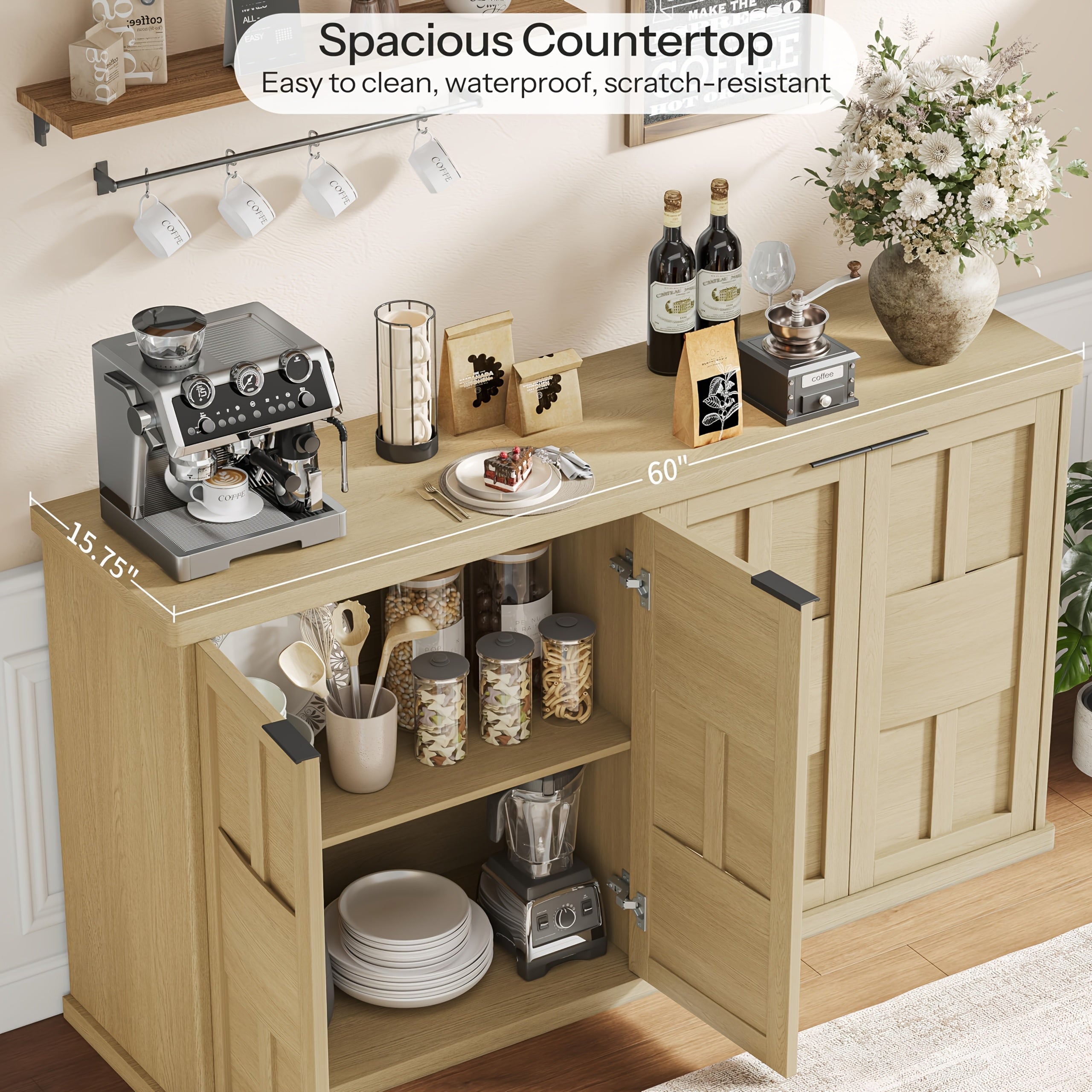 60-Inch Compact Side Cabinet Buffet, Equipped with 4 Intricately Designed Doors And Shelves, a Kitchen Storage Unit in Medieval Style, Offering Ample Storage Space on The Countertop, And Serving As a Coffee Bar Table