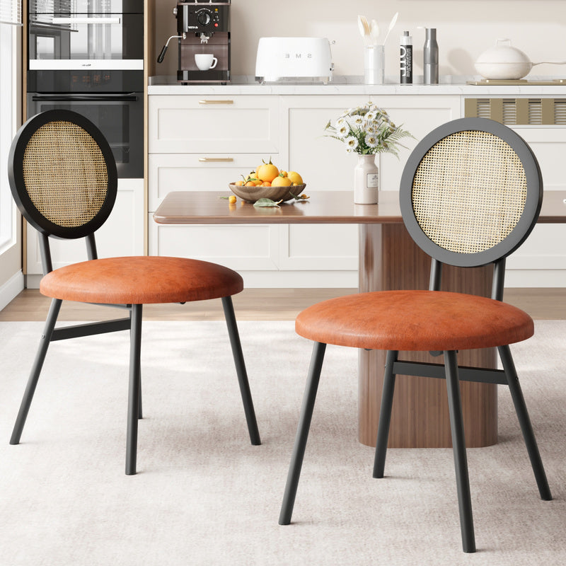 Set of 2 Modern Rattan Dining Chairs with Thick Upholstered Seats, Space-Saving Design and Durable Metal Legs for Kitchen and Living Room