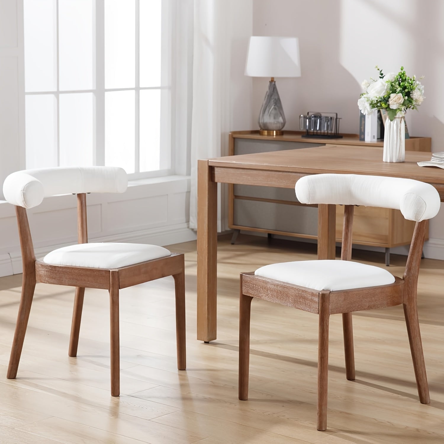 2-Seater Mid-Century Modern Dining Chair Set, Comfortable Wood Side Chairs with Curved Open Back Upholstery, Farmhouse Kitchen Chair Sets for Indoor\u002FLiving Room\u002FReception\u002FDining