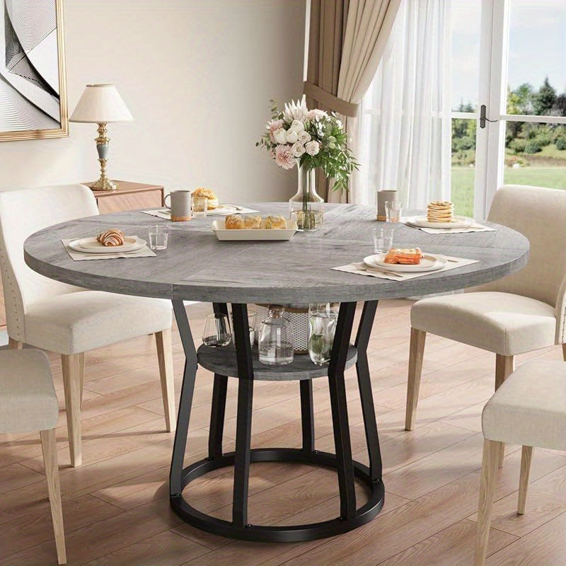 47. 2-inch Round Dining Table For 4-6 People, Farmhouse Kitchen Table With Open Storage, Easy To Assemble, Suitable For Kitchens, Dining Rooms, Living Rooms, Meeting Rooms, And Apartments(Chairs Not Included)