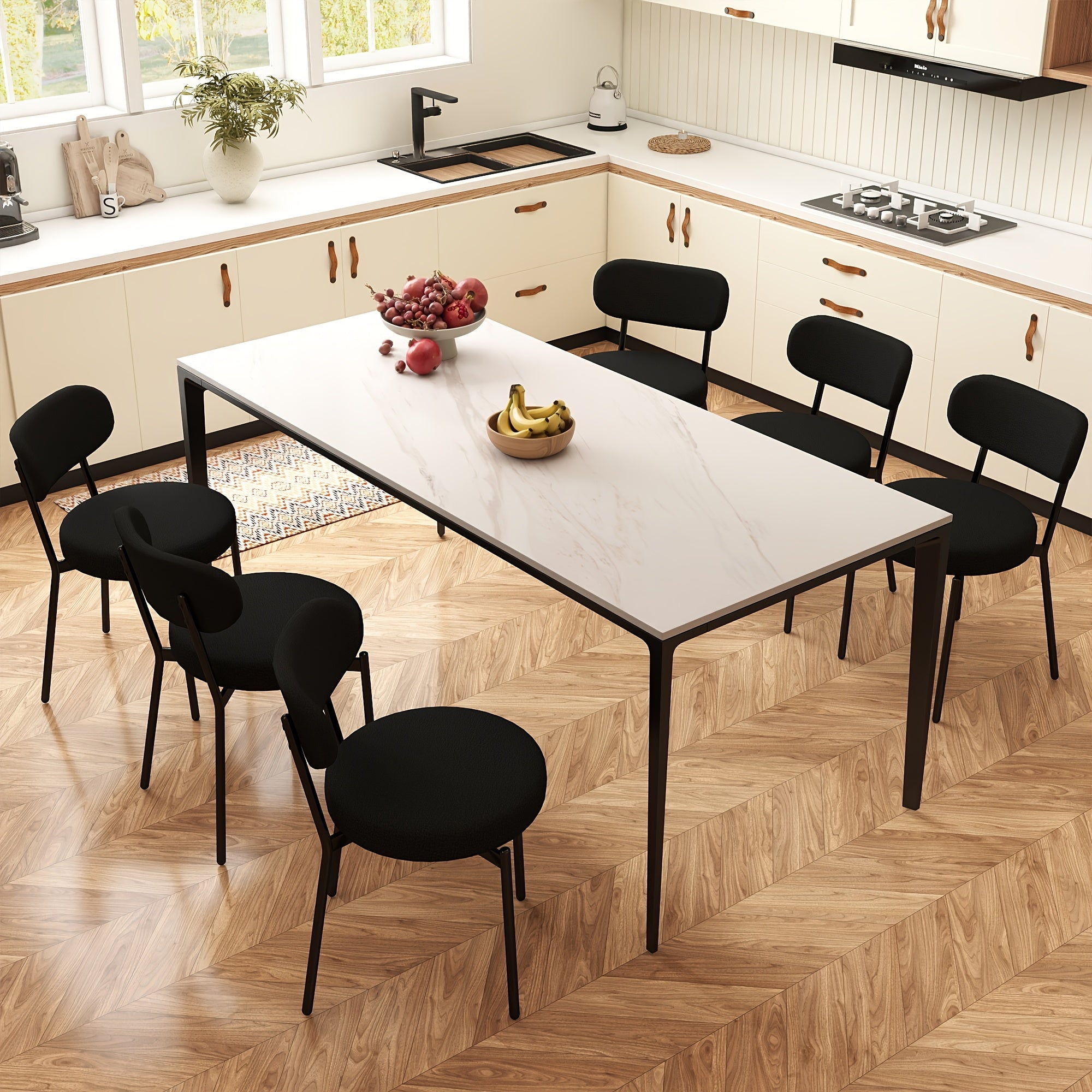 Set Of 2\u002F4\u002F6 Boucle Mid-Century Modern Dining Chairs, Armless Minimalist Design, Sturdy Steel Frame With Round Seat And Upholstered Back, Ideal For Dining Room Or Kitchen Table