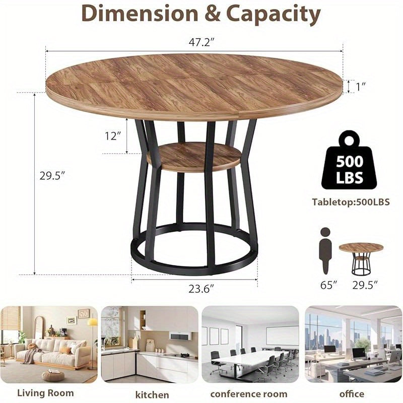 47. 2-inch Round Dining Table For 4-6 People, Farmhouse Kitchen Table With Open Storage, Easy To Assemble, Suitable For Kitchens, Dining Rooms, Living Rooms, Meeting Rooms, And Apartments(Chairs Not Included)