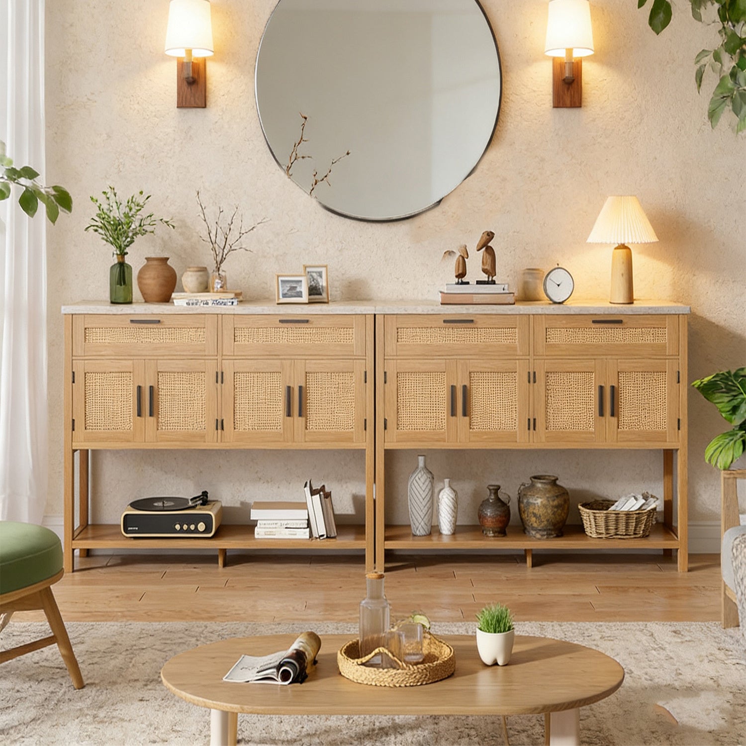 Chic Rattan Sideboard Buffet with Open Shelves And Drawers, Trendy Storage Cabinet Featuring Rattan Doors, Versatile Console Table And Coffee Station for Organizing Entryways, Kitchens, Dining Areas, Or Living Rooms