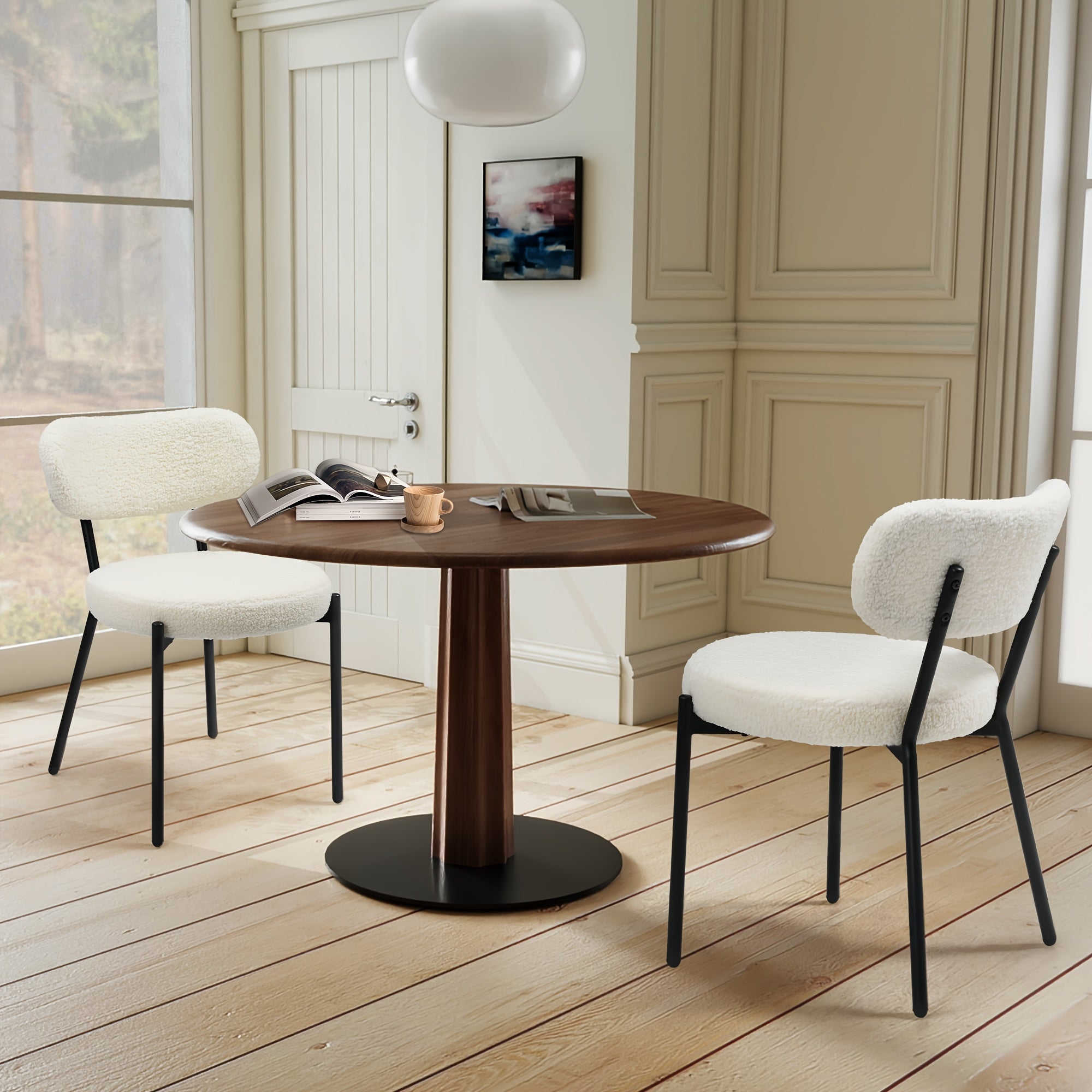 Set Of 2\u002F4\u002F6 Boucle Mid-Century Modern Dining Chairs, Armless Minimalist Design, Sturdy Steel Frame With Round Seat And Upholstered Back, Ideal For Dining Room Or Kitchen Table