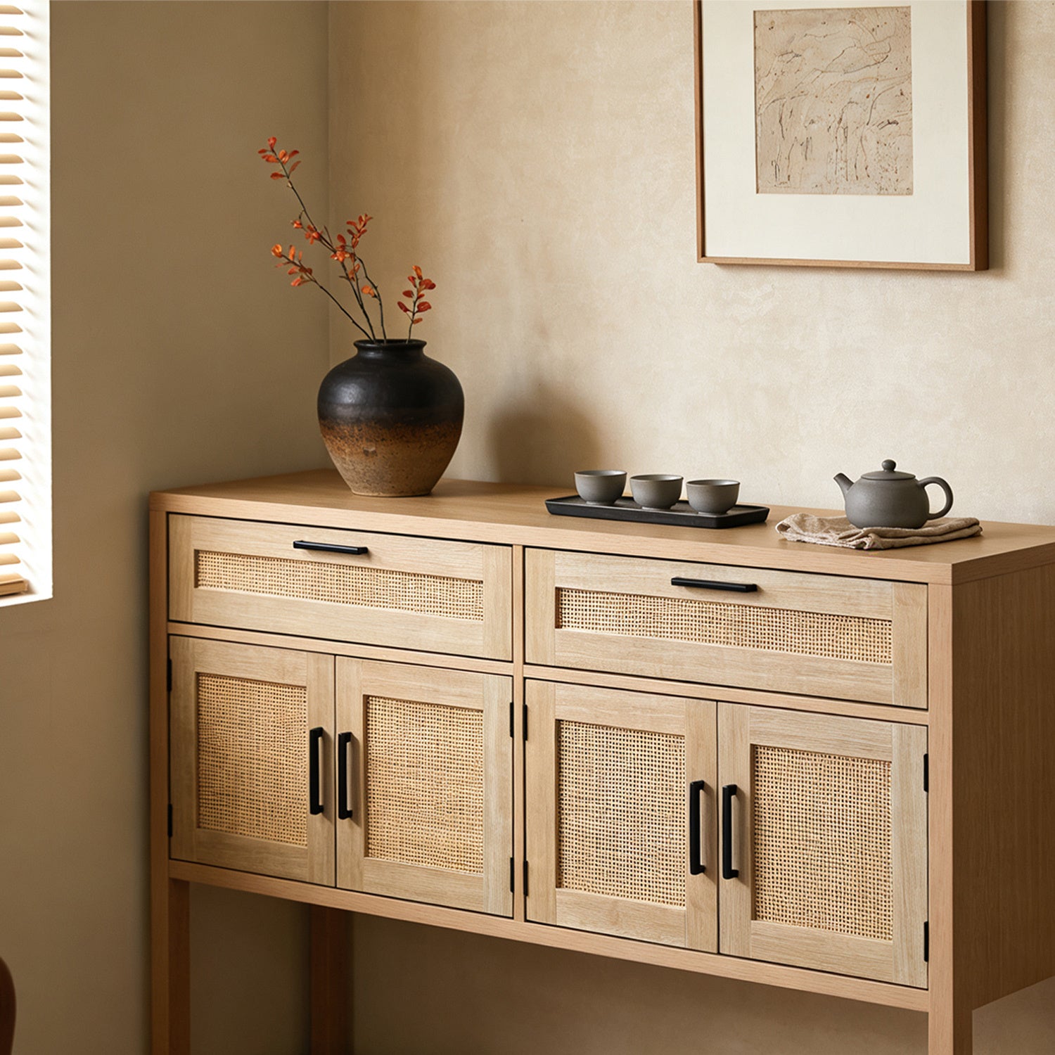 Chic Rattan Sideboard Buffet with Open Shelves And Drawers, Trendy Storage Cabinet Featuring Rattan Doors, Versatile Console Table And Coffee Station for Organizing Entryways, Kitchens, Dining Areas, Or Living Rooms