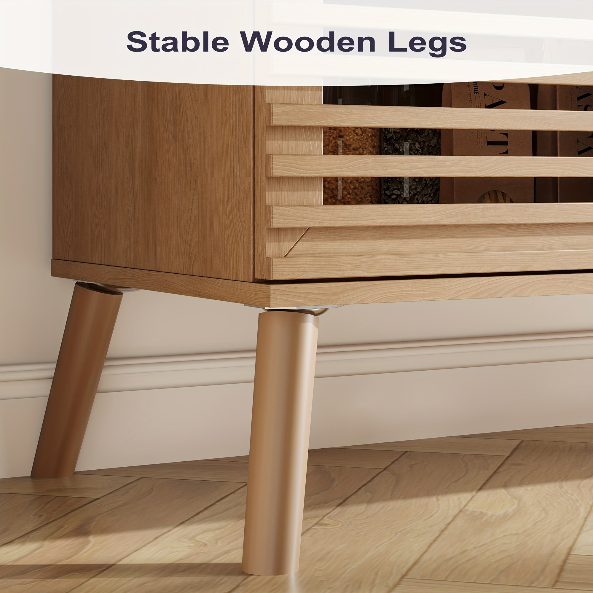 A Sideboard Buffet Featuring Slatted Doors, Measuring 47 Inches Wide, Designed in a Modern Mid-Century Style, Perfect for Storage in The Living Room, Entryway, Or Kitchen, Available in Oak And Walnut Finishes