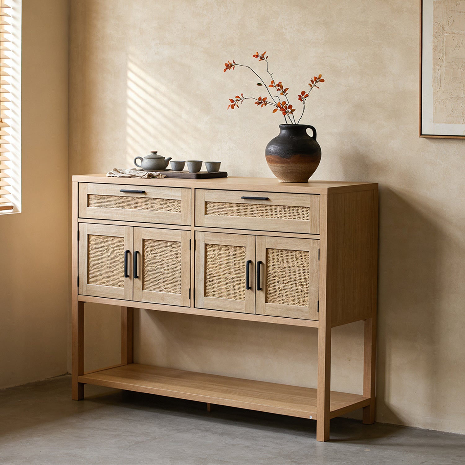 Chic Rattan Sideboard Buffet with Open Shelves And Drawers, Trendy Storage Cabinet Featuring Rattan Doors, Versatile Console Table And Coffee Station for Organizing Entryways, Kitchens, Dining Areas, Or Living Rooms