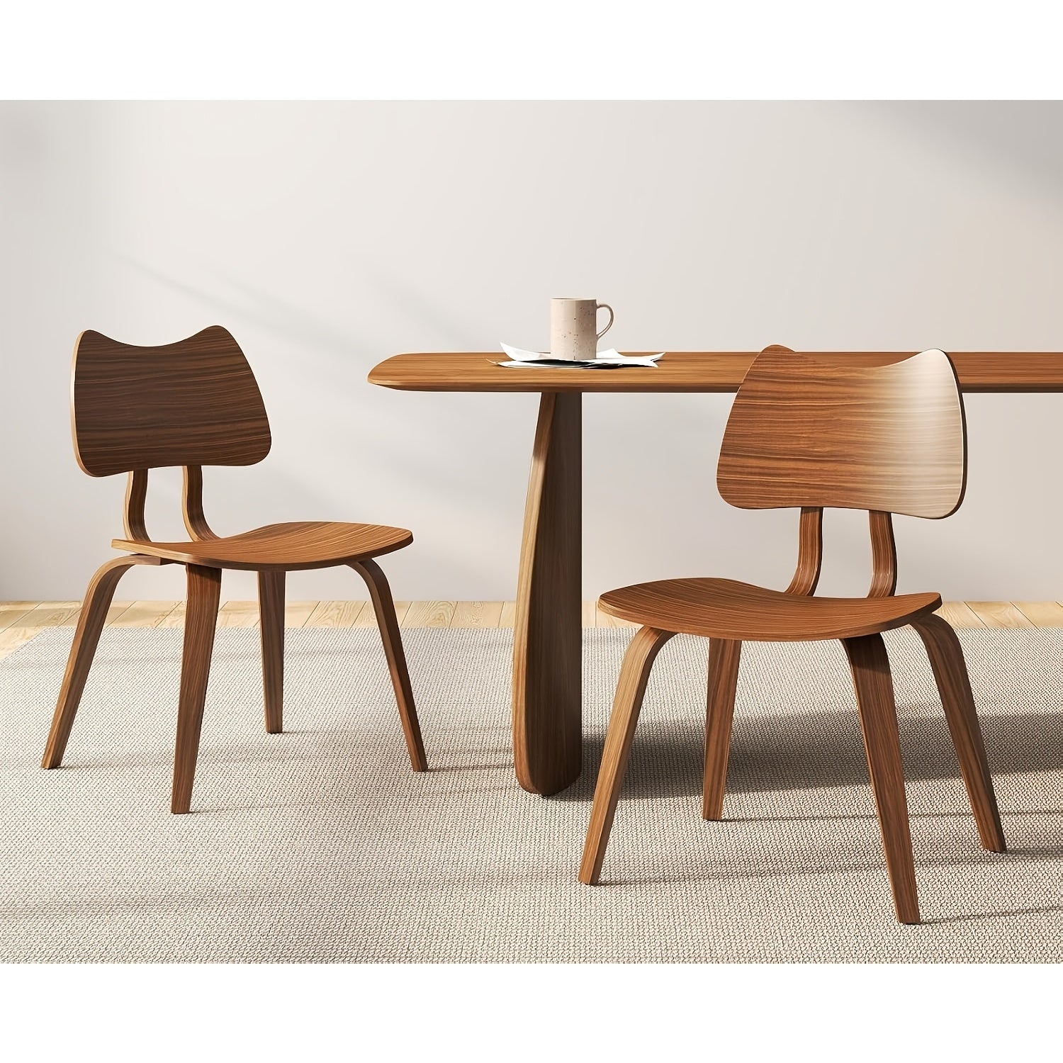 Set of 2 Wood Dining Chairs Mid Century ModernDining Room Chairs Farmhouse Small Kitchen Chairs with Cute Cat Ear Back Armless Side Chair for Living Room, Natural